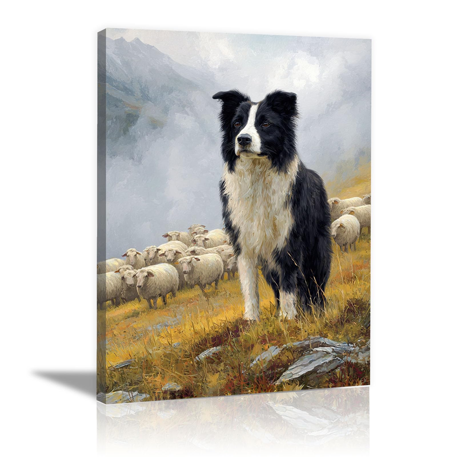 TERUEA Colour Splash Arty Animal Canvas Wall Art Bright Picture Collie Sheep Mountain Mist Canvas Wall Art Watercolor Prints Pictures(Black)-40x60cm Framed