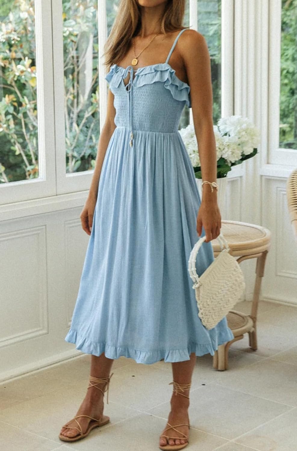 R.Vivimos Womens Summer Cotton Spaghetti Straps V-Neck Ruffle Casual Boho Midi Flowy Dress - Image 2