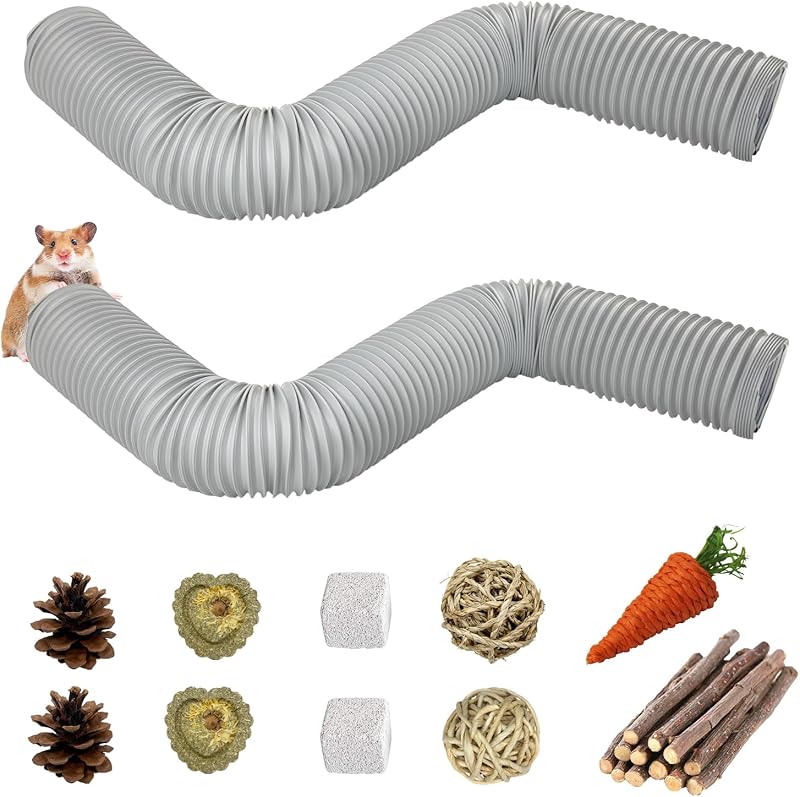 Túnel Dobrável de Plástico para Hamsters e Pequenos Animais PINVNBY com Brinquedos, Cinza, Pacote com 2