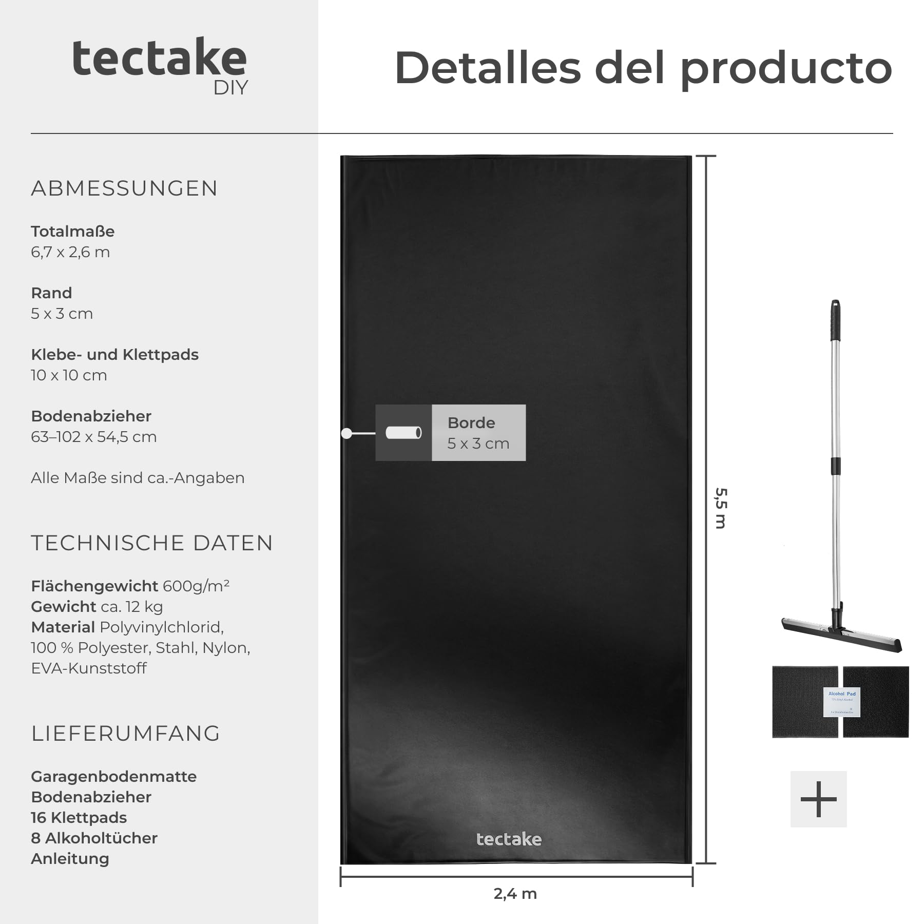 tectake® Tapete Garaje, Gomas Antideslizante, Protector Suelo 2,4 x 5,5 m, Borde Elevado, Incluye Extractor Extensible, Alfombra Antideslizante, Alfombra Protectora de Suelo - Negro