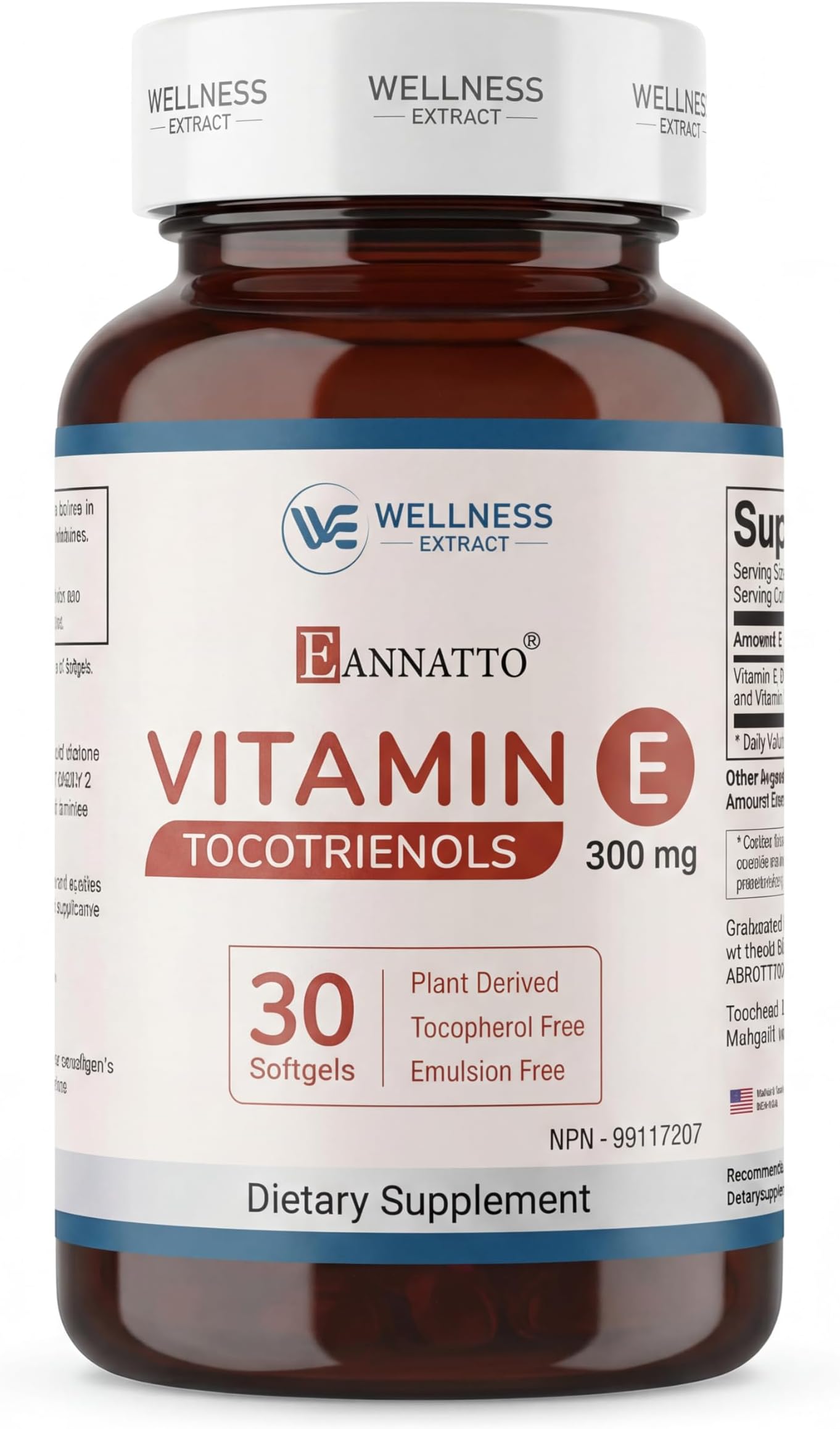 WELLNESS EXTRACT Eannatto Tocotrienols Vitamin E Supplements Tocopherol Free, Non-GMO, Gluten Free & Antioxidant (300MG 30 Softgels)