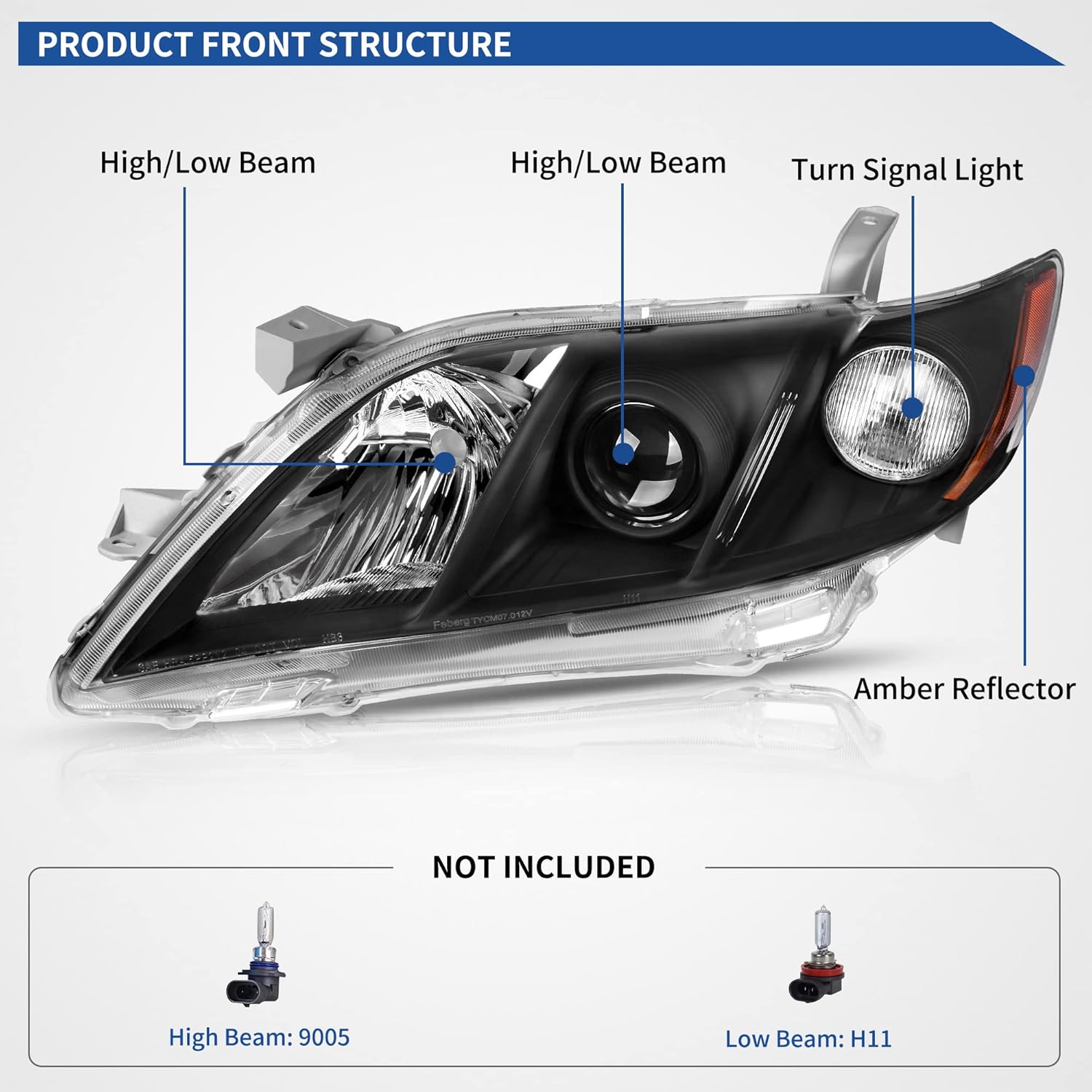 oEdRo Headlight Assembly Compatible with 2007 2008 2009 Camry Headlamp with Amber Refector Clear Lens Black Housing