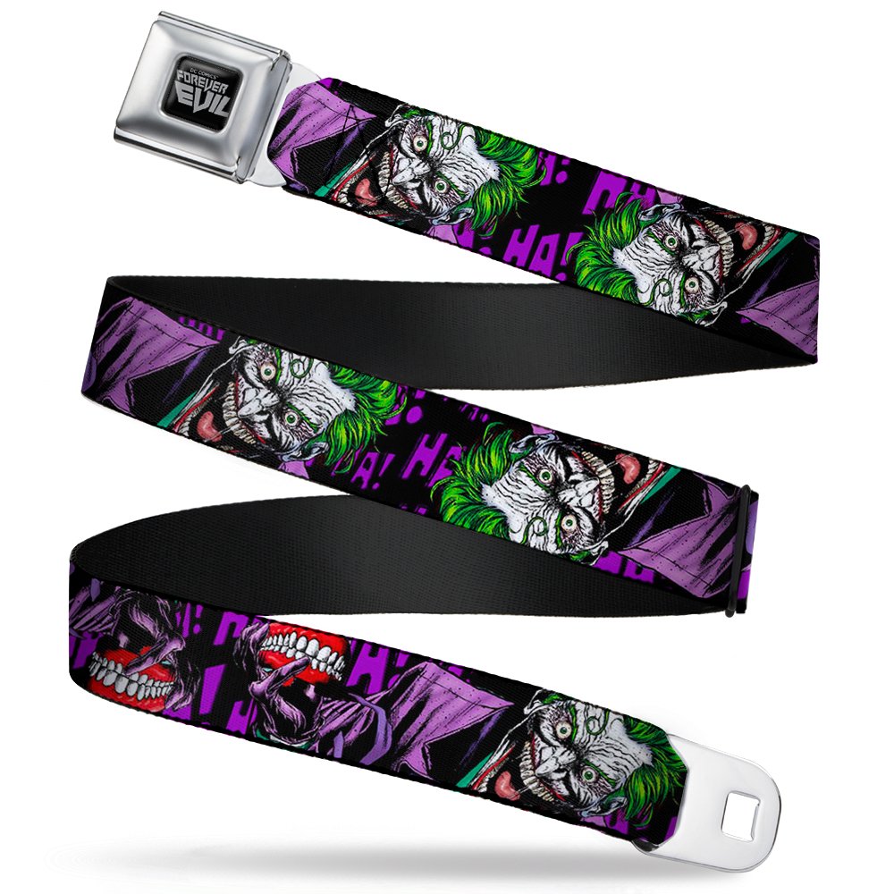 Buckle-Down Seatbelt Belt - Detective Comics Joker Holding Teeth Issue 23.1 Cover Pose/HA! HA! HA! Black/Purples - 1.5" Wide - 32-52 Inches in Length