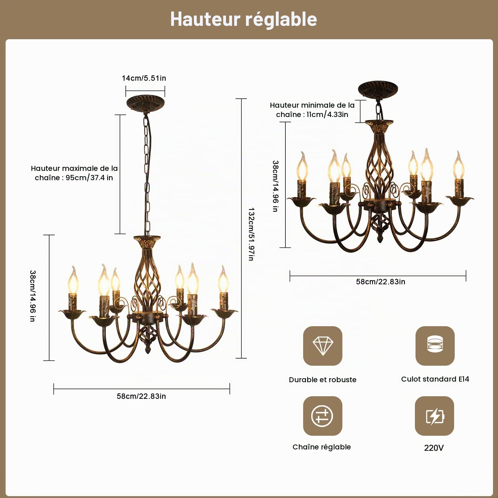 Comely Lustres Rétro Fer Pendentif, Réglable Hauteur Suspension Luminaire | Lustre Fer Forgé, Bougie Classique Noir E14 Chandelier pour Manger Cuisine
