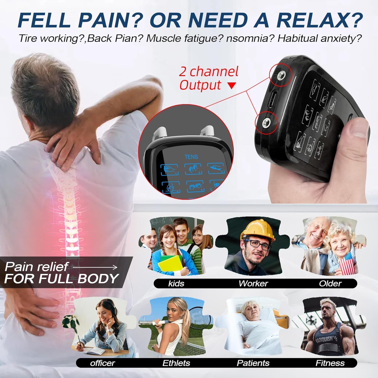 3 EN 1 TENS EMS Électrostimulateur Musculaire pour le soulagement de la douleur, la stimulation musculaire, avec 30 Intensités et 27 Modes, 2 Canaux Indépendant & 8 électrodes