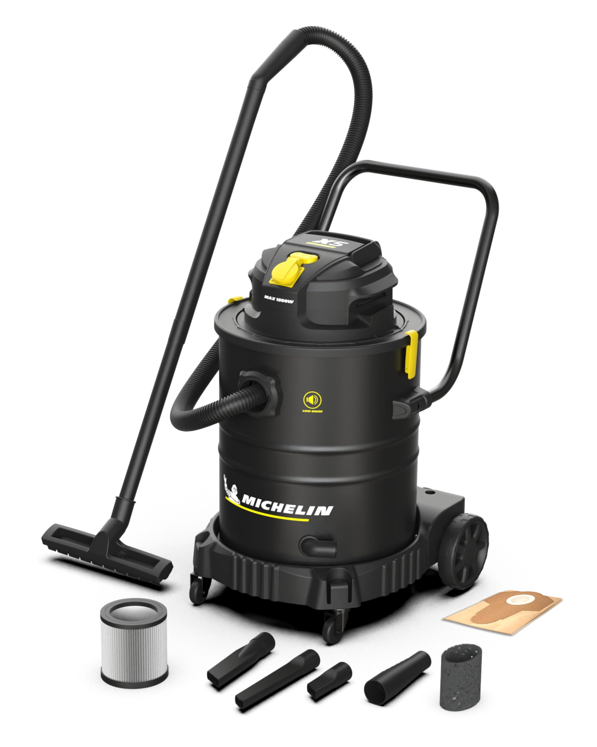 Michelin X5 50LS Aspirador Industrial 50L 1000W - Seco Húmedo - Depósito INOX - Silencioso 60dB - Toma Herramientas - Drenaje Rápido