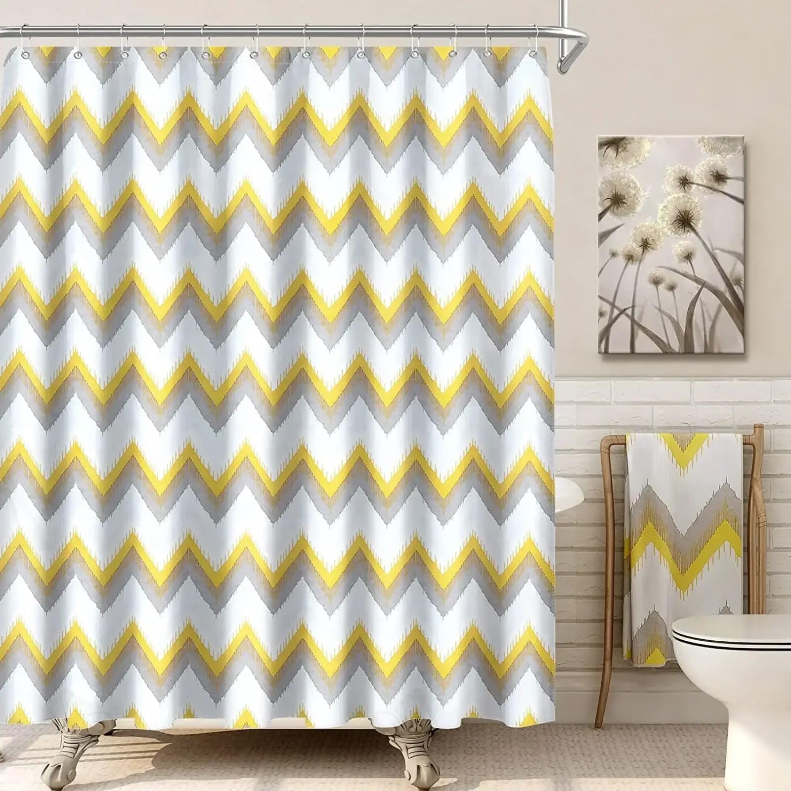 Rideau de douche jaune gris géométrique en tissu lavable 137x203cm avec crochets inclus
