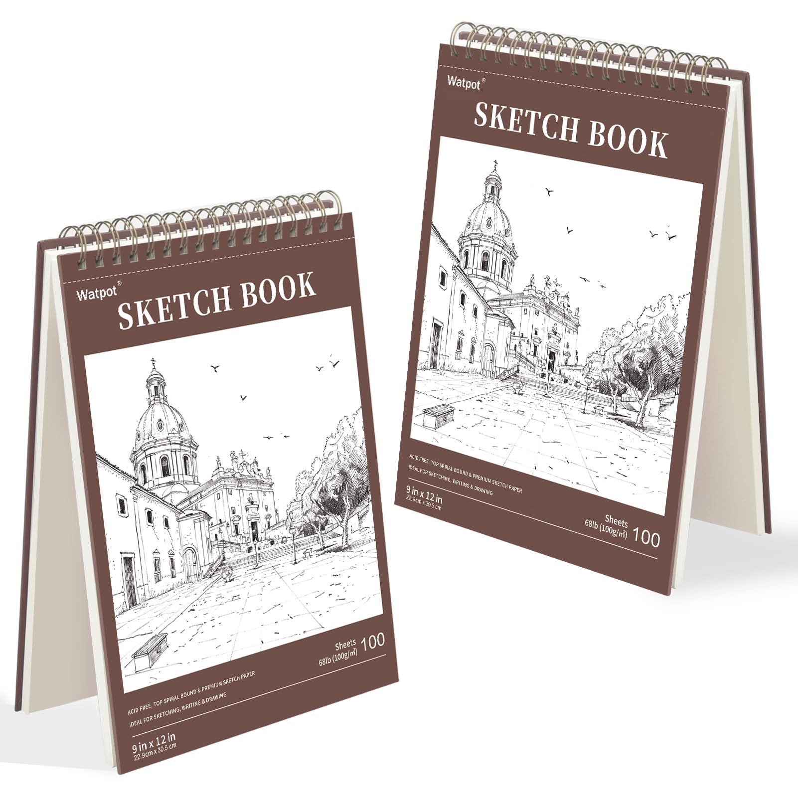 Cuaderno de bocetos de tapa dura de 9 x 12 pulgadas, bloc de bocetos encuadernado en espiral superior, 100 hojas de papel de dibujo de 70 libras/100 g/m², paquete de 2