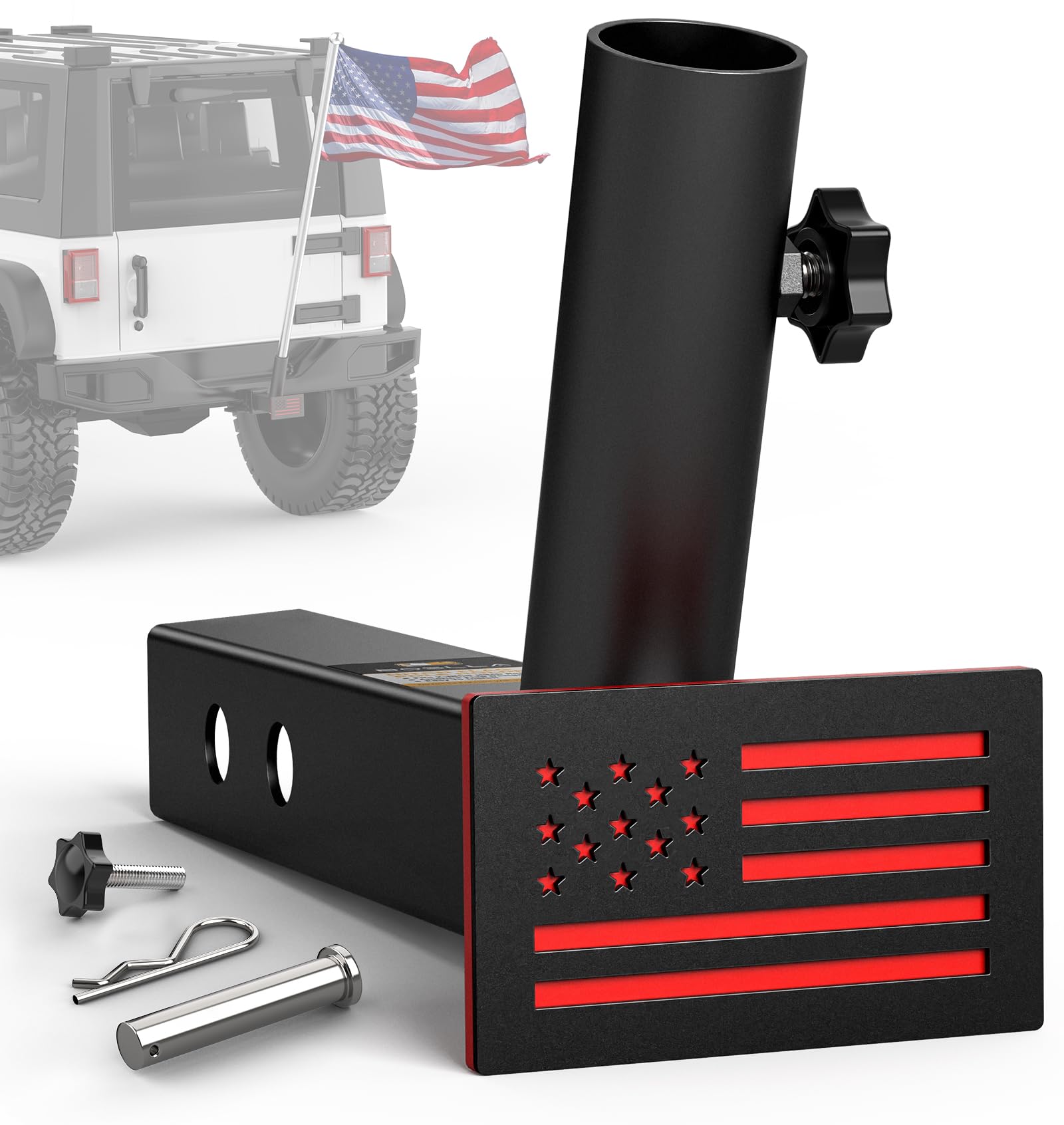 Boslla Hitch Flag Pole Holder for 2 Inch Receiver, Red, US Patent Design