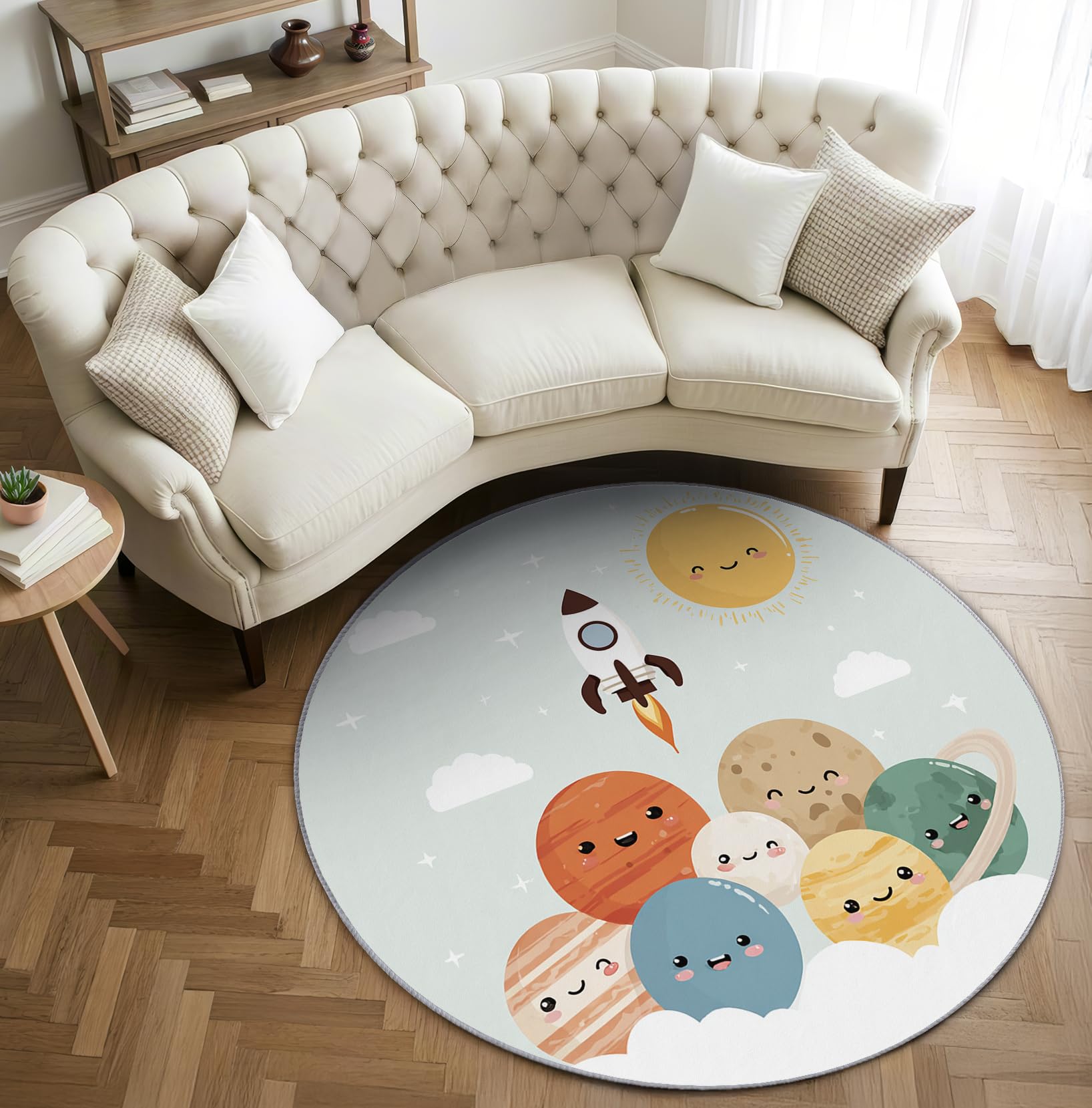 Planeten Teppich Rund 120cm Kurzflor - Waschbare Teppiche Wohnzimmer Kinder Cartoon Raketen Weltall - Runder Teppich 120 Durchmesser Kinderzimmer - Bettvorleger rutschfest Weich