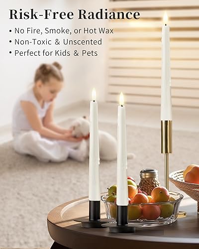 Miniatura 8 de Velas cónicas blancas sin llama con control remoto y temporizador, candelabros LED de cera real de 9.65 pulgadas, velas cónicas altas con llama