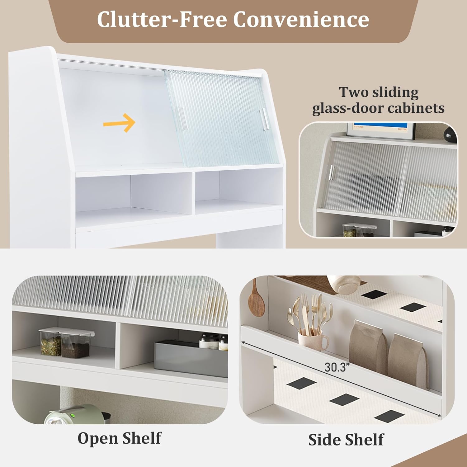 Spaco 2-in-1 Folding Dining Table and Buffet Cabinet Set,Compact Pull-Out Kitchen Table with Wheels,Storage Shelf and Side Hooks,Multifunctional Cupboard for Small Place (White & Oak)