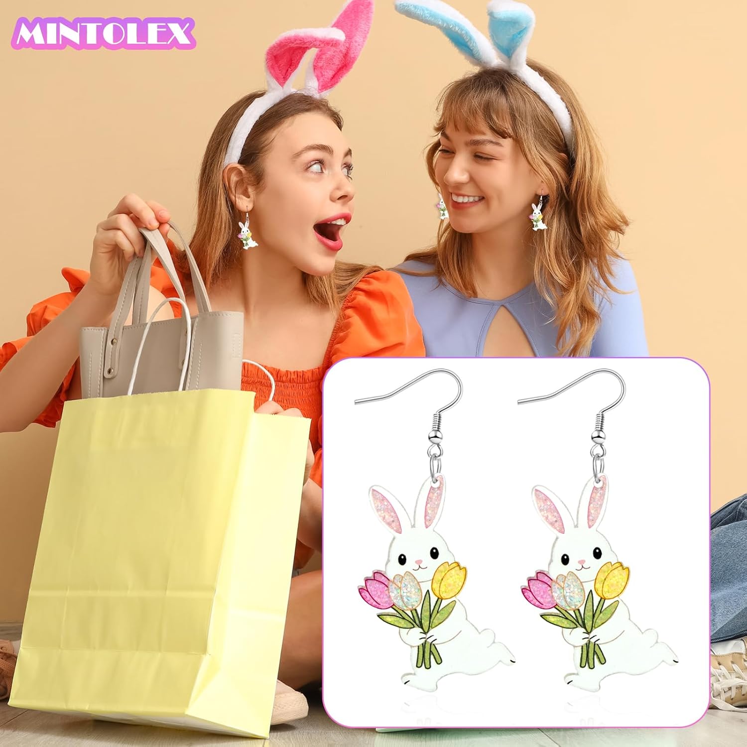 Easter Bunny Earrings for Women Cute Acrylic Rabbit Earrings with Tulip Sparkling Spring Holiday Jewelry Gift - Image 2