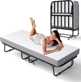 Decofy Folding Rollaway Guest Bed with Memory Foam Mattress, 75x31 Twin Size, 450lb Metal Frame, Lockable Wheels (White)