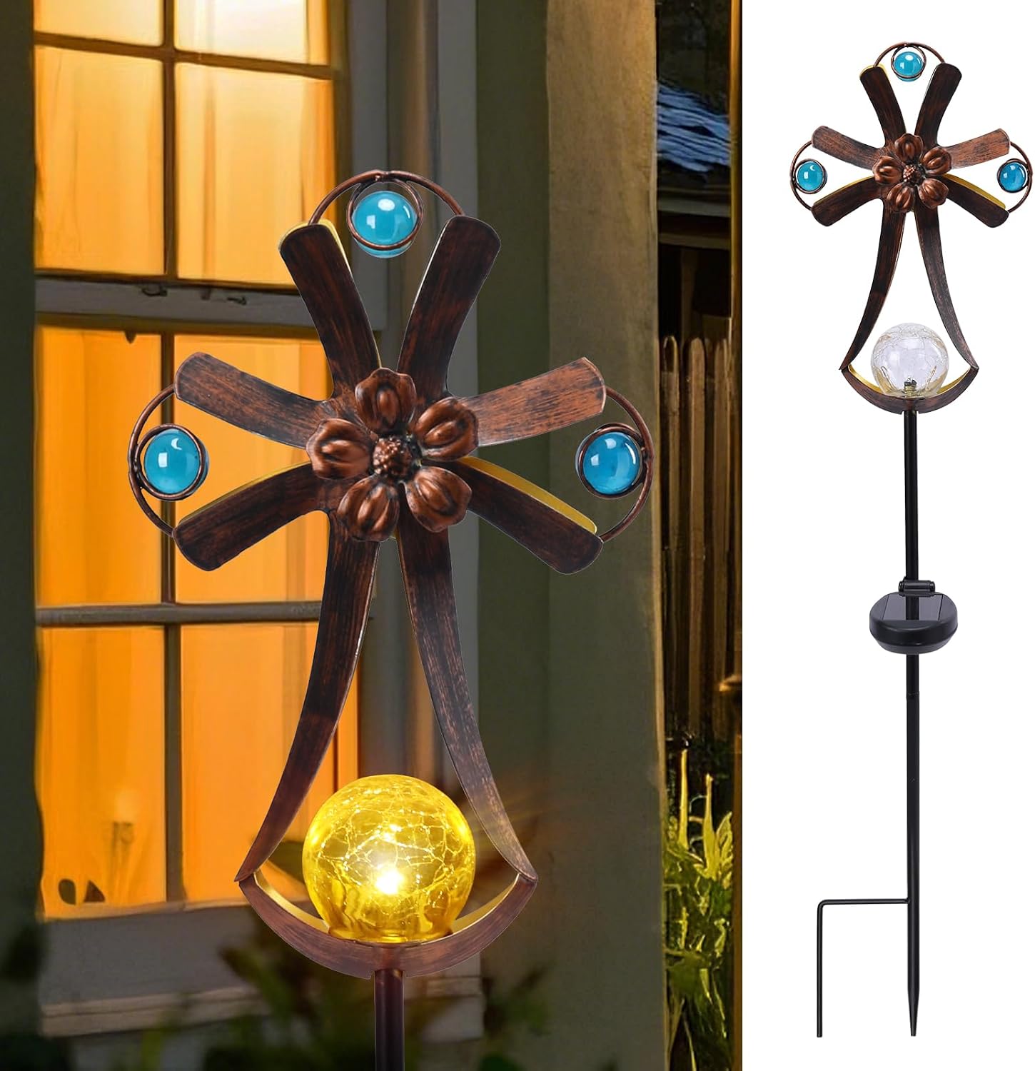 VCUTEKA Solar Garden Lights Cemetery Metal Flower Decor Colorful Solar Pathway Light with LED Cracked Crystal Ball Outdoor Decorative Stake for Grave Patio Yard Lawn Garden Decor (Cross)