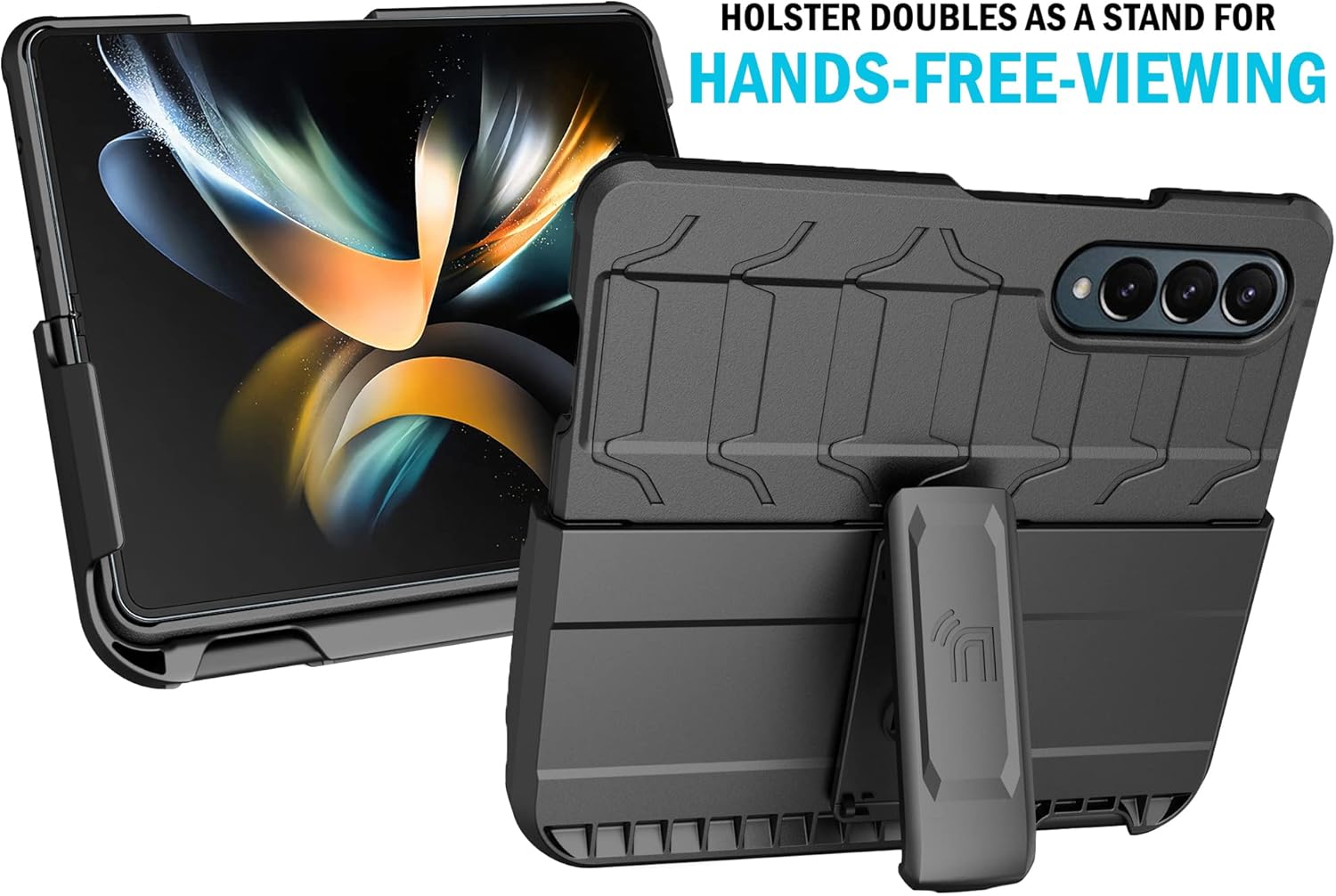 Nakedcellphone Case with Clip and S Pen Slot for Galaxy Z Fold 4 5G, Tactical Cover and Custom Belt Hip Holster Holder View Stand Combo for Samsung Z Fold4 Phone (SM-F936U, 2022) - Matte Black