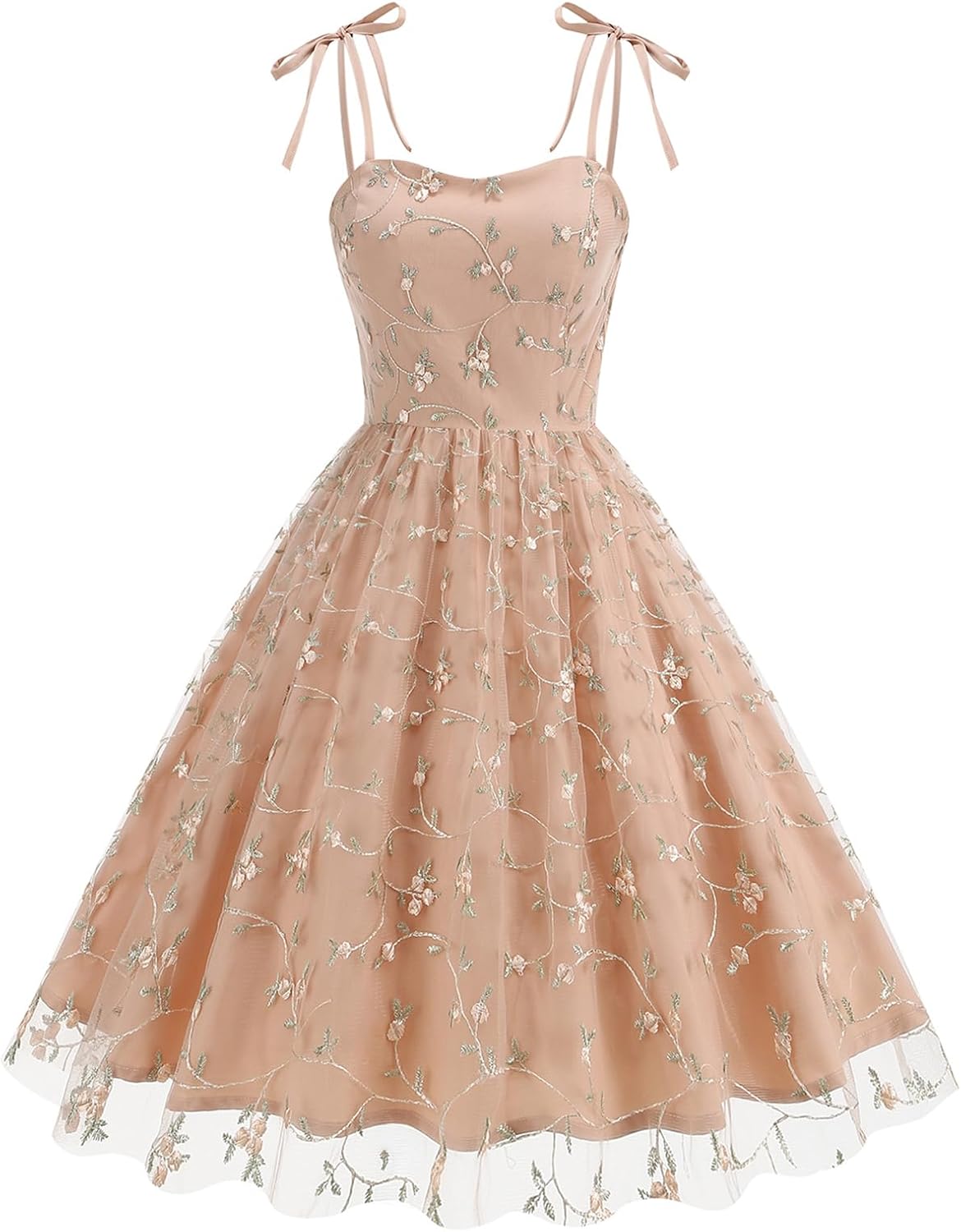 IMEKIS Women Square Neck Tie Strap Tulle Prom Dress Vintage Embroidered Floral Formal Evening Party Cocktail Dress