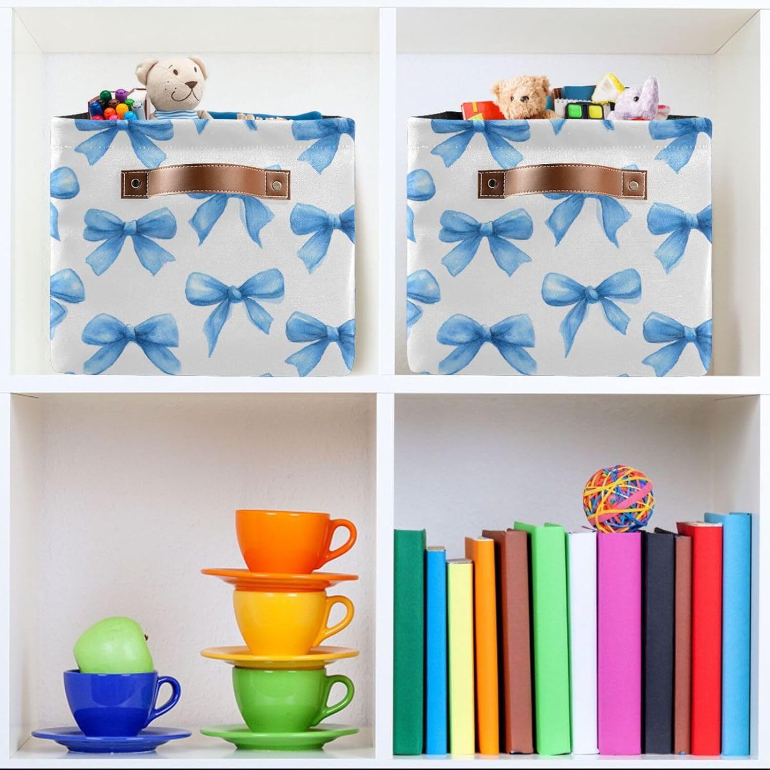OTVEE Canvas Bins for Closet Shelves Organizing Blue Bows Watercolor Storage Basket Baby Clothes Organizers Storage Box Nursery Bins Gift Baskets 2 Pack