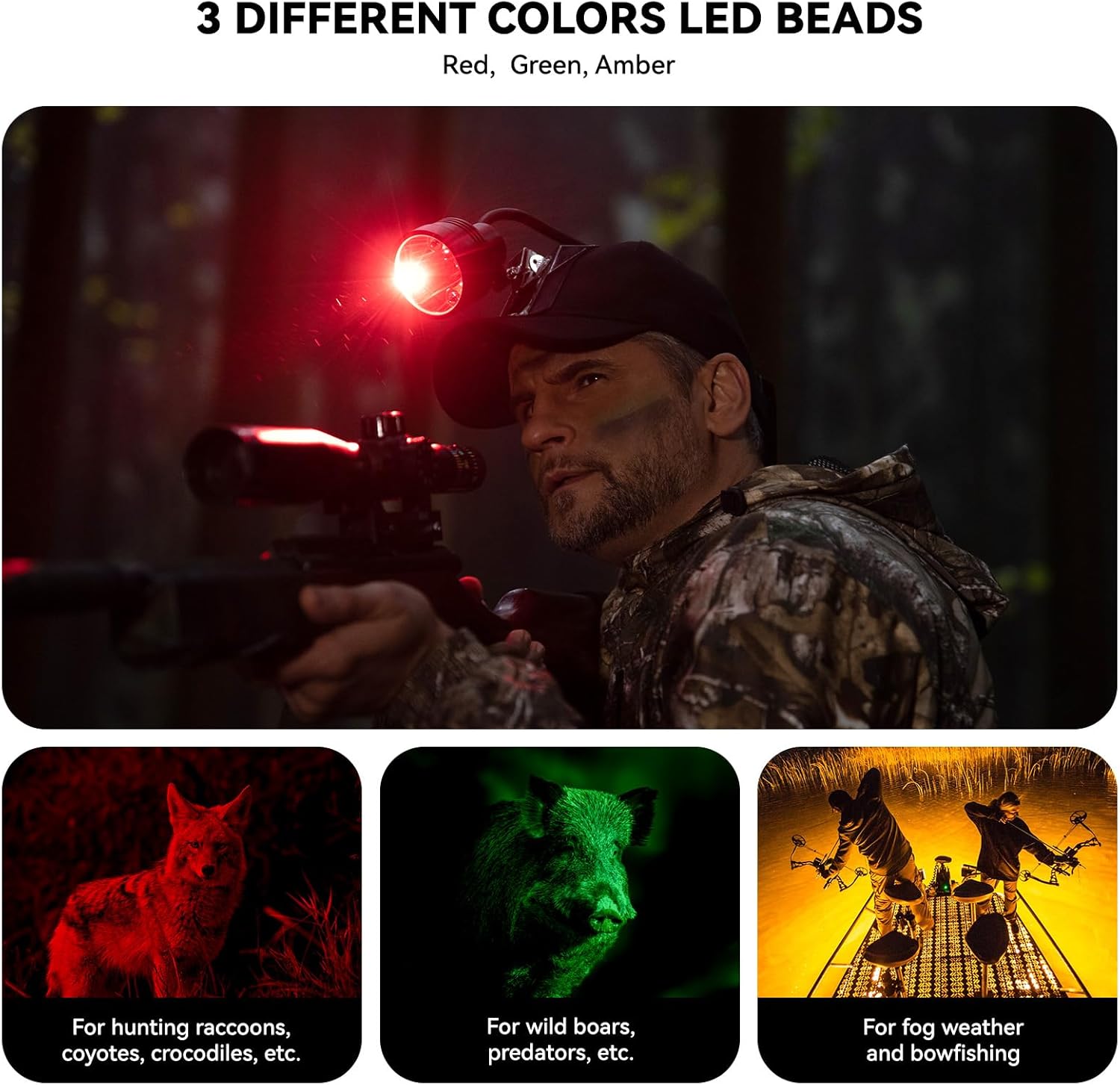 GearOZ 10W Coon Hunting Lights Headlamp for Coyotes Hog Predators, Rechargeable & IPX5 Waterproof, 6 Lighting Modes, 600 Lumens Bright 4-Color LED (White Red Green Amber) with Black Hunting Hat