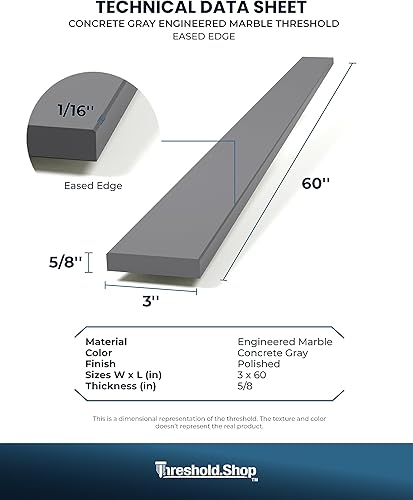 Miniatura 5 de Borde de ducha de 60 pulgadas  Umbral de mármol de ingeniería gris concreto para sistemas de bandeja de ducha Schluter Kerdi y azulejos Redi (3 x 60
