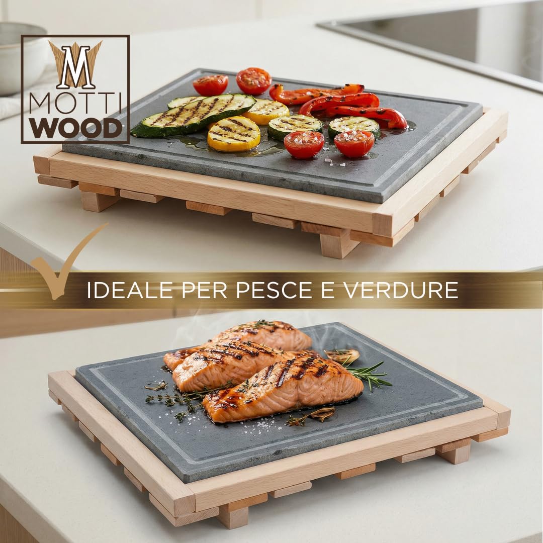 Pietra Lavica Siciliana 38x30x1,5CM, Con Supporto Legno Faggio, Estraibile, Piastra Refrattaria per Cucinare