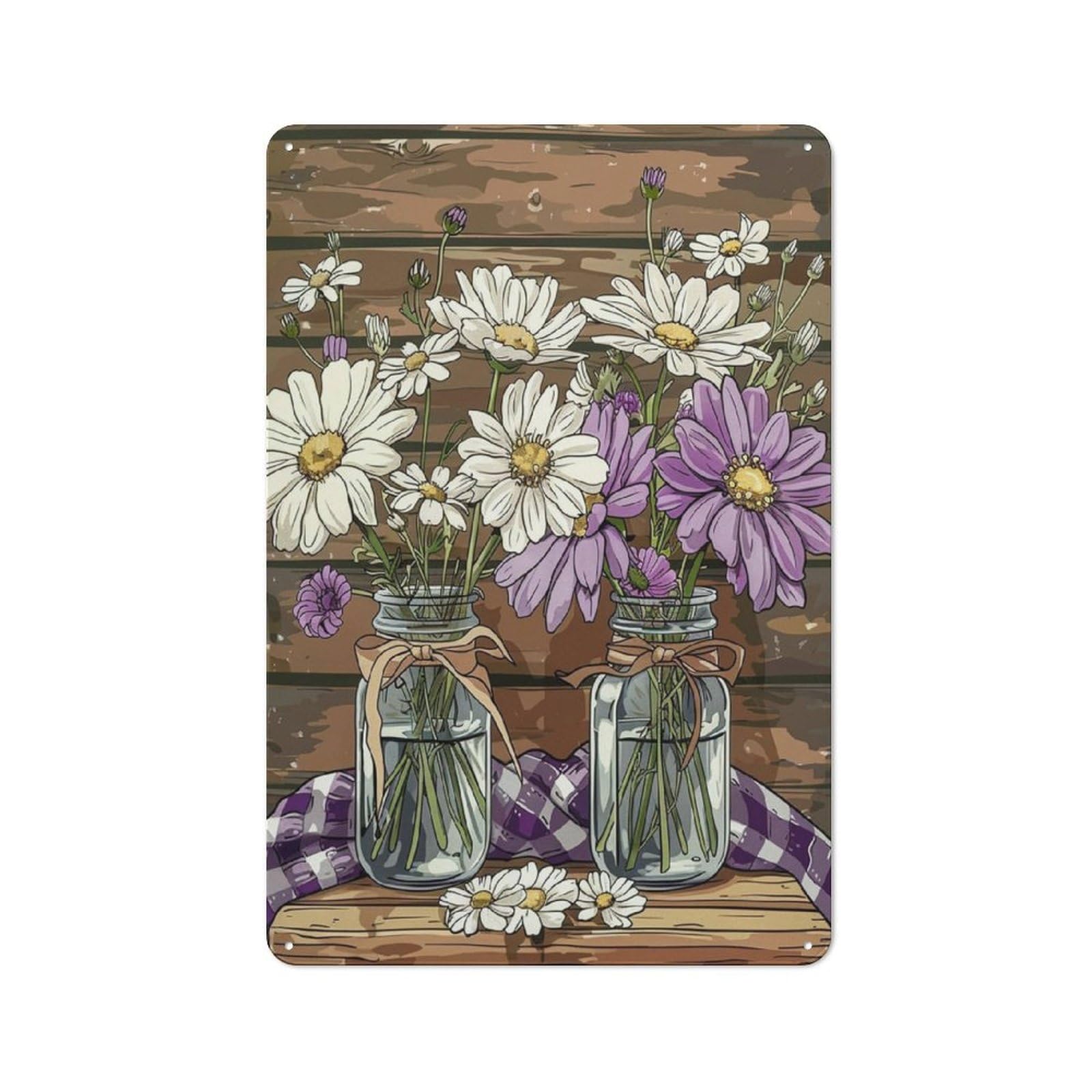 Rustic Metal Tin Sign, Fresh Daisy Flower Painting, Birthday Simple Home Wall Decor 12x8 Inch