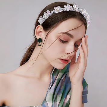 Crystal Flower Headband Non-Slip Teeth Bridal Wedding Hair Piece for Women | Iridescent Crystal Floral, Non-Slip Grip Teeth,Fabric Wrapped Base, 0.15lb Lightweight, Minimalist Design, Daily&Formal Use