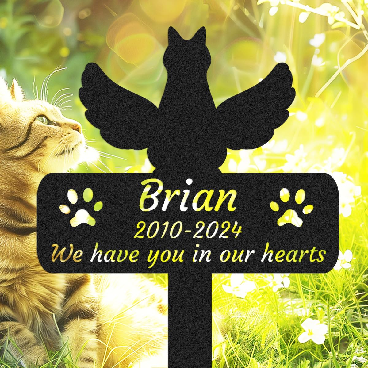 Personalized Cat Memorial Grave Marker, Custom Cat Memorial Stake Pet Headstone Cats, Customized Metal Paws Wings Cat Memorial Garden Stake Outdoor Memorial Plaque for Cemetery Yard Decor