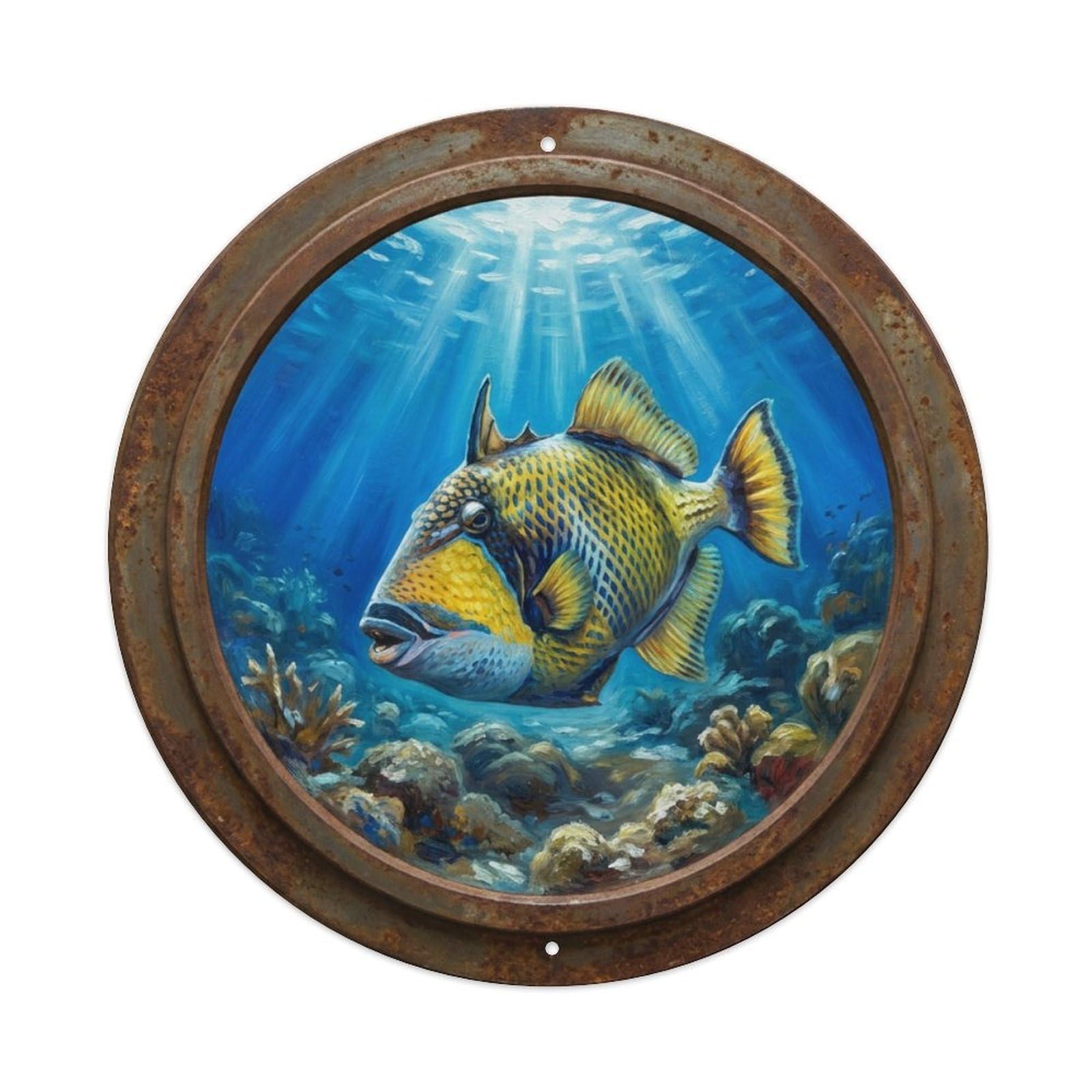 Vintage Porthole Triggerfish Defend Ship Window Undersea Metal Tin Sign