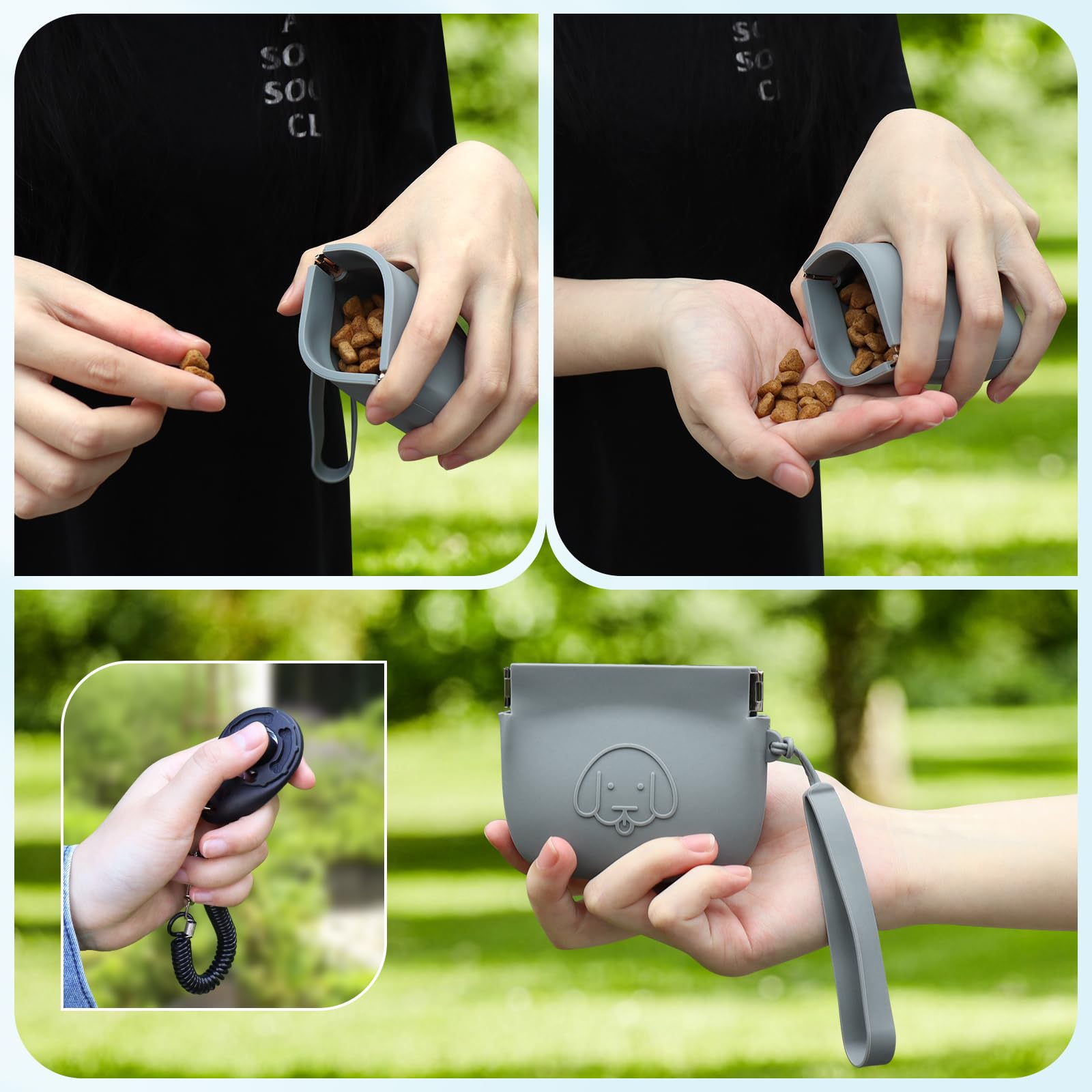 Pochette in Silicone per Dolcetti per Cani, Chiusura Automatica, Con Clicker di Addestramento, Camminata per Gatti, Formato Tascabile, Grigio Scuro