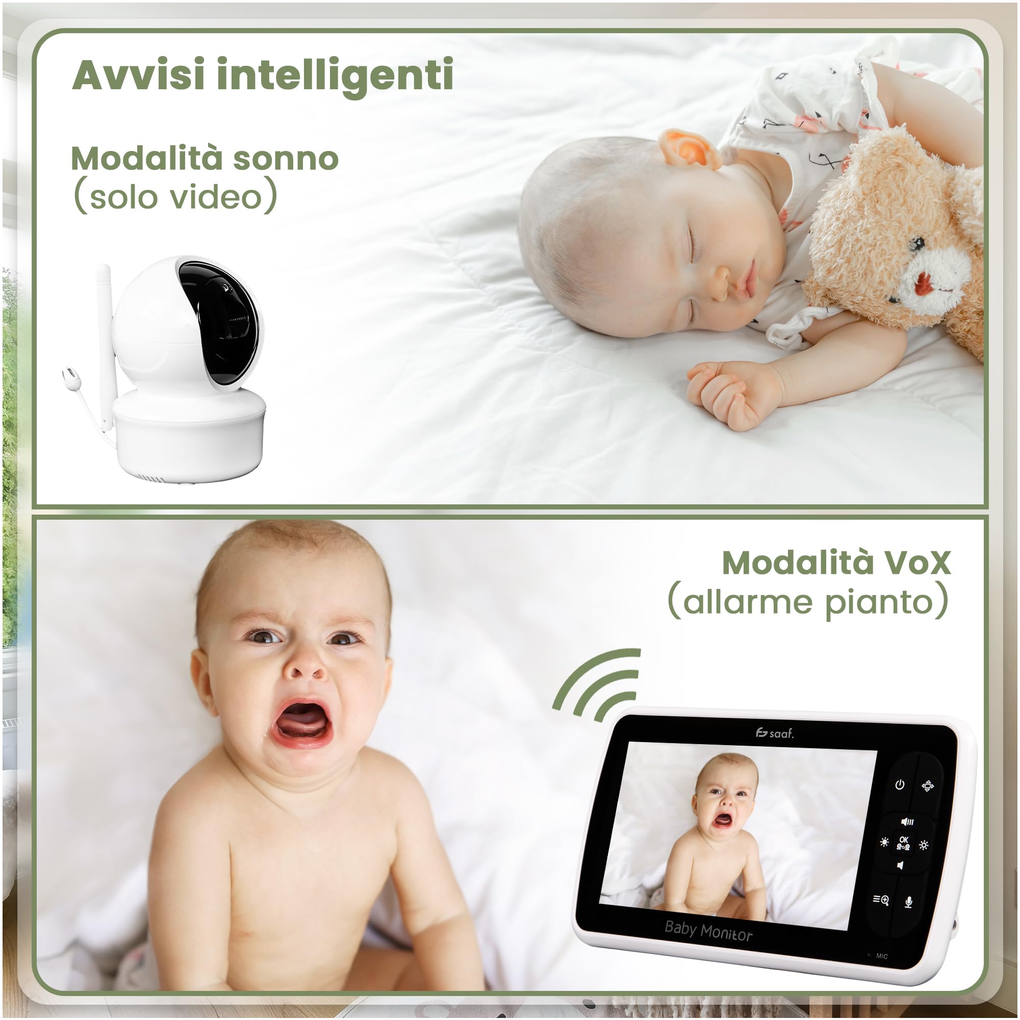 saaf Baby Monitor con Telecamera e Schermo 5” – Telecamera Orientabile e Rotante con Funzione Zoom – Funzione Parla & Visione Notturna – Luminosità Regolabile – Supporto Flessibile Incluso
