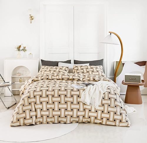 Miniatura 2 de YuHeGuoJi Juego de funda de edredón geométrica beige, tamaño Queen, 100% algodón, funda de edredón a cuadros abstractos, juego de 3 piezas, 1 funda