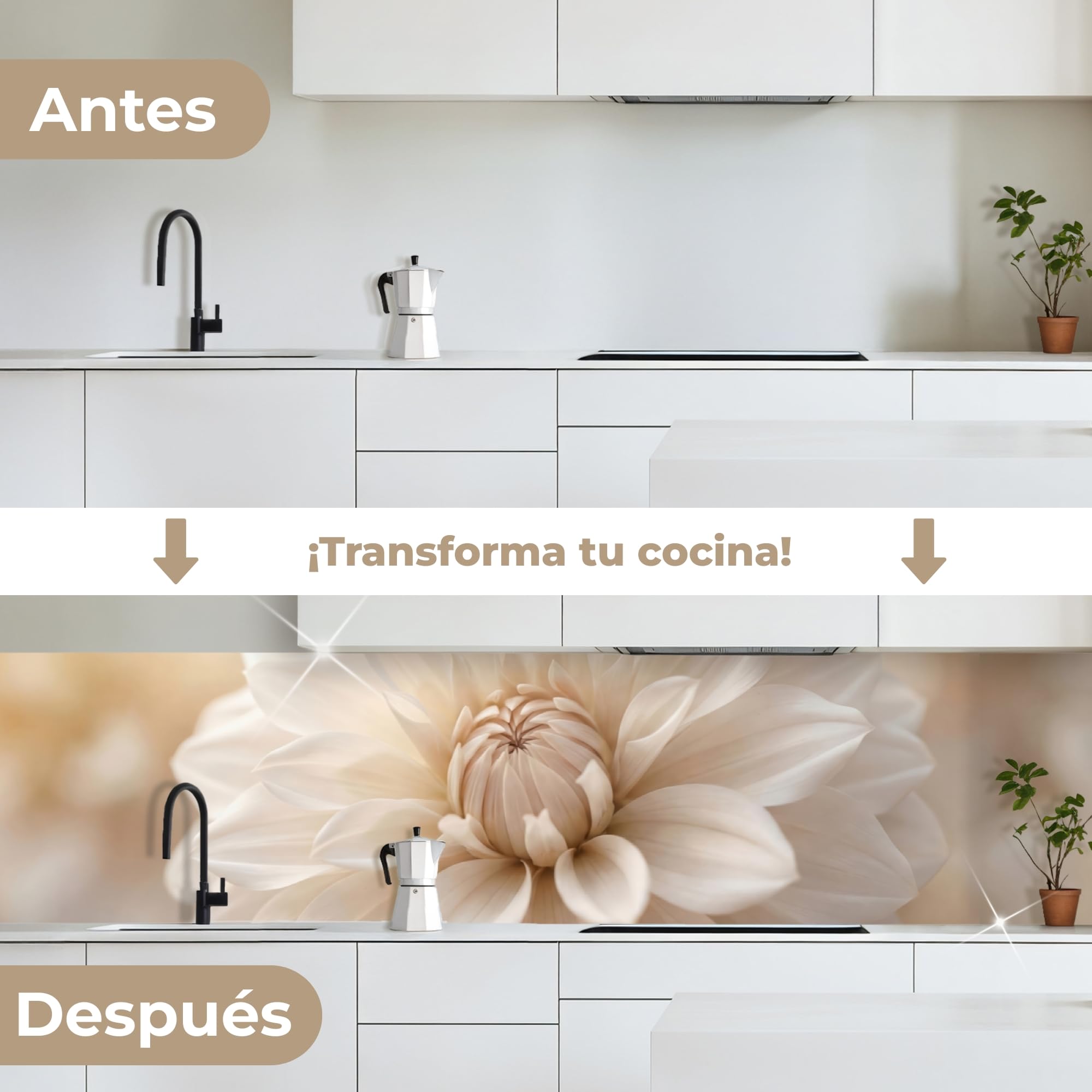 KitchenYeah© Antisalpicaduras Cocina 80x400 cm Adhesivo Salpicadero Protector Salpicaduras Kitchen Flor - Dalia - Blanco
