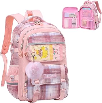 WYCY School Bags for Girls, Kawaii Water Resistant Kids Backpack with Laptop Compartment, Bookbag for Primary School, Pink