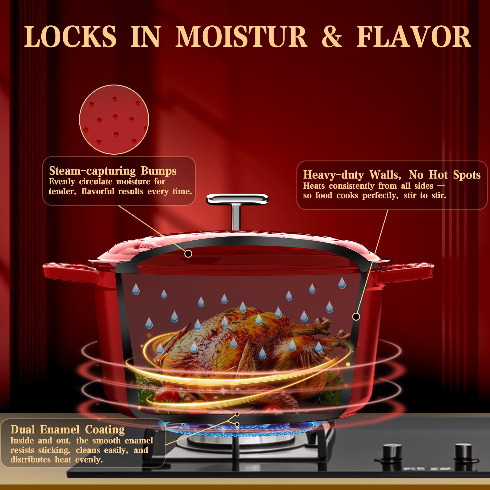 DUTZUN 5 Quart Dutch Oven - Red Cast Iron -5