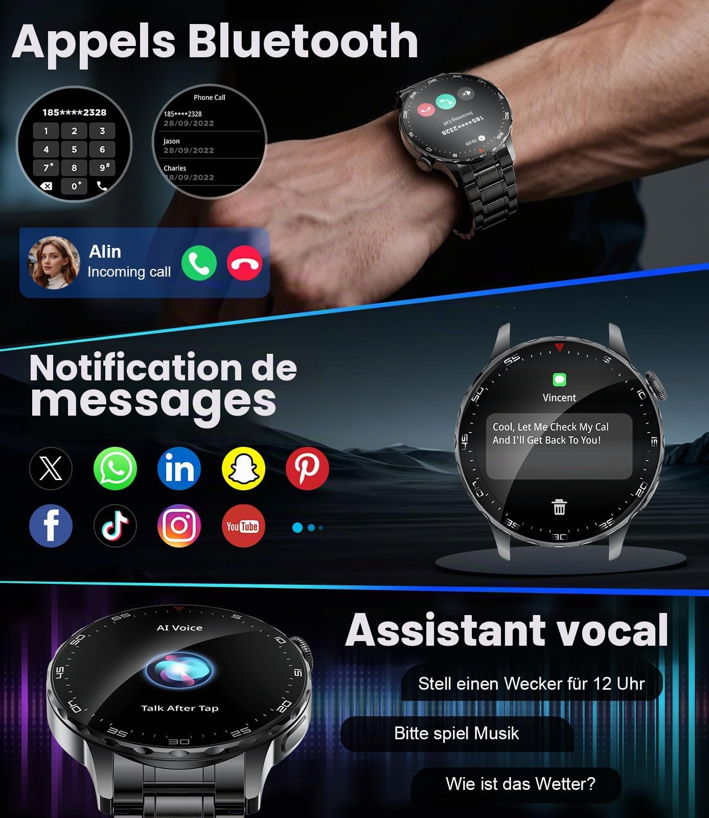 Montre Connectée Homme SML21, Écran AMOLED 1,43" HD, Appels Bluetooth, Autonomie 15 Jours, Notifications Intelligentes, Étanche, Compatible iOS et Android – Noir Profond