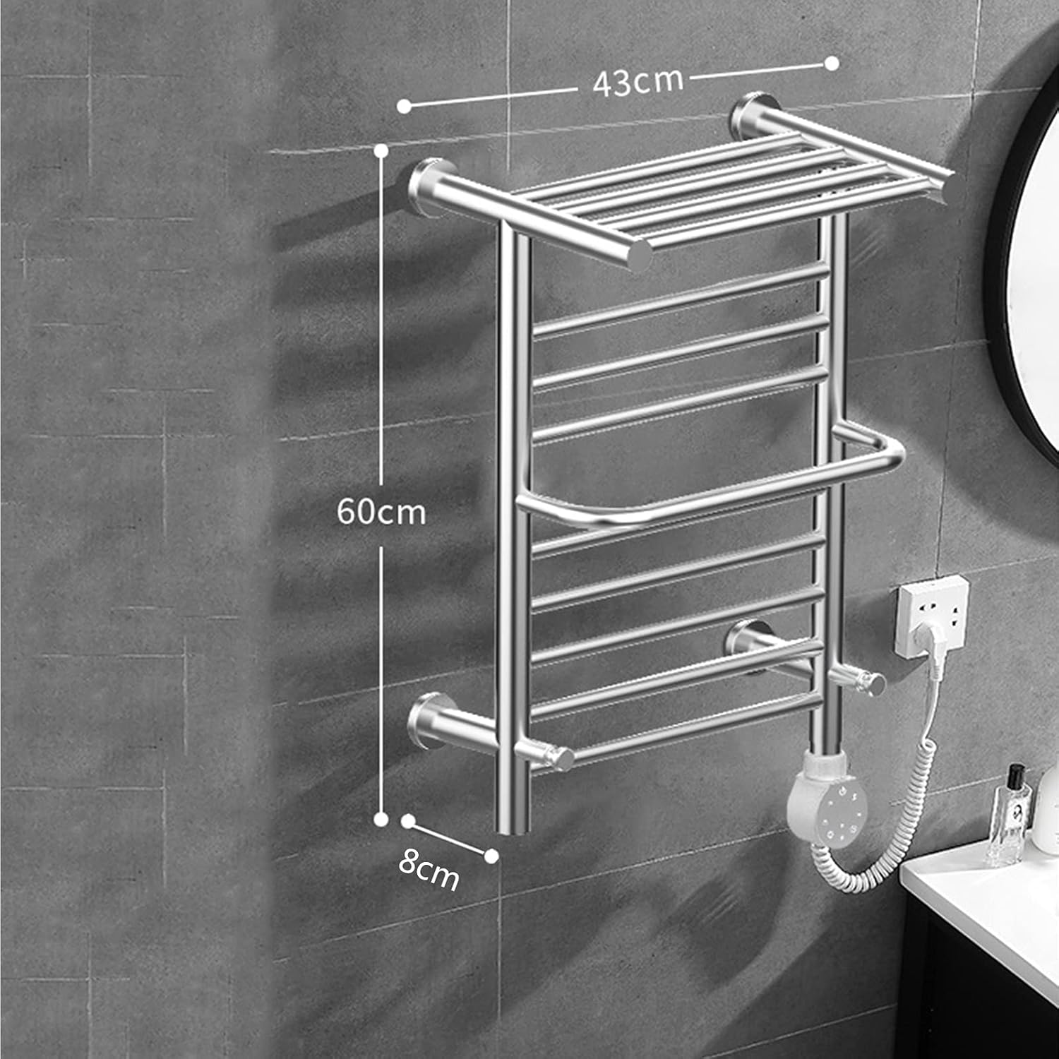Electric Heated Towel Rail Radiator 9 Bar Wall Mounted Towel Warmer with Top Shelf 304 Stainless Steel Plug-in Heated Towel Rack with Timing Function for Bathroom