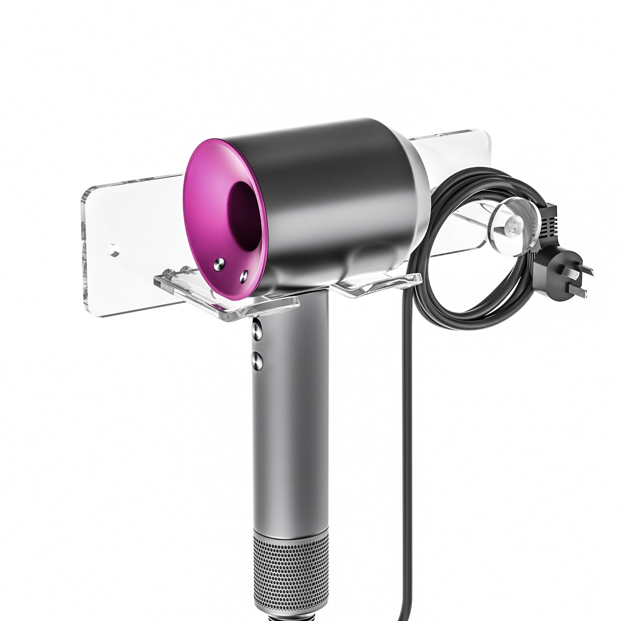 Hexsonhoma Acrylic Hair Dryer Holder for Bathroom Wall Mount, No Drill Adhensive Installation, Clear Hair Dryer Holder Rack Cabinet Door, Hair Tool Organizer for Dyson Air Blower