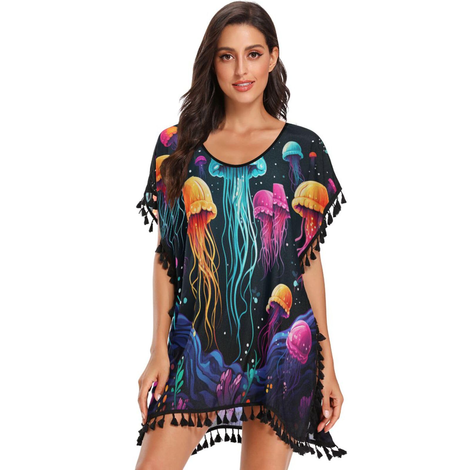 KAAVIYO Colorful Jellyfish Dark Sea Women's Beach Cover Up Chiffon Tassel Swimwear Swimsuit Coverups for Girl