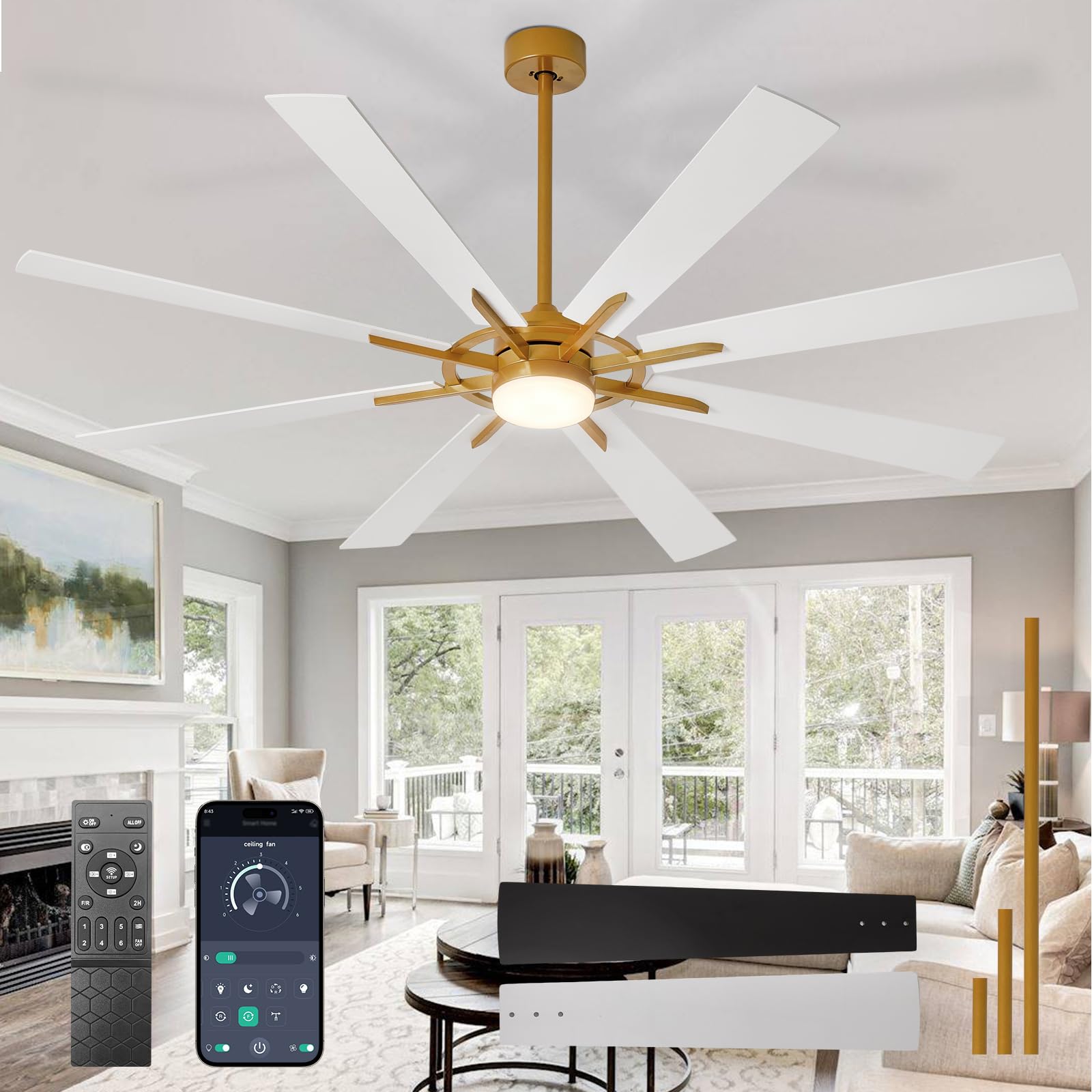 Depuley Large Ceiling Fans with Lights: Modern 72 Inch 8 Blade Outdoor Ceiling Fan with Remote APP Control - Dimmable White Gold Big Fan Light Indoor Reversible 6 Speed Quiet DC Motor