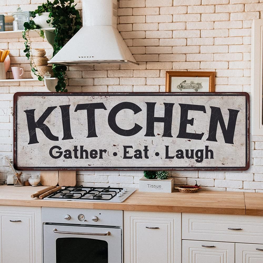 Kitchen Sign Pantry Décor Eat Decorations Welcome Signs Gather Laugh Moms Home Wall Art Rustic Farmhouse Cocina Tin Retro Coffee Gift 8 x 24 Matte Finish Metal 108240091037