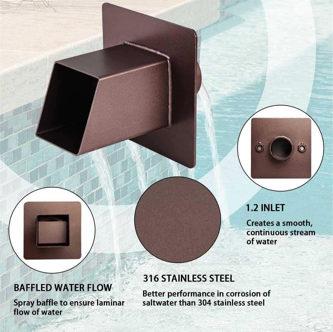 PONDO 2" Square Water Fountain Spout Scupper, 316 Stainless Steel Spillway w/Construction Spray Baffle for Pools, Ponds, Water Walls, Fountains (Brown)
