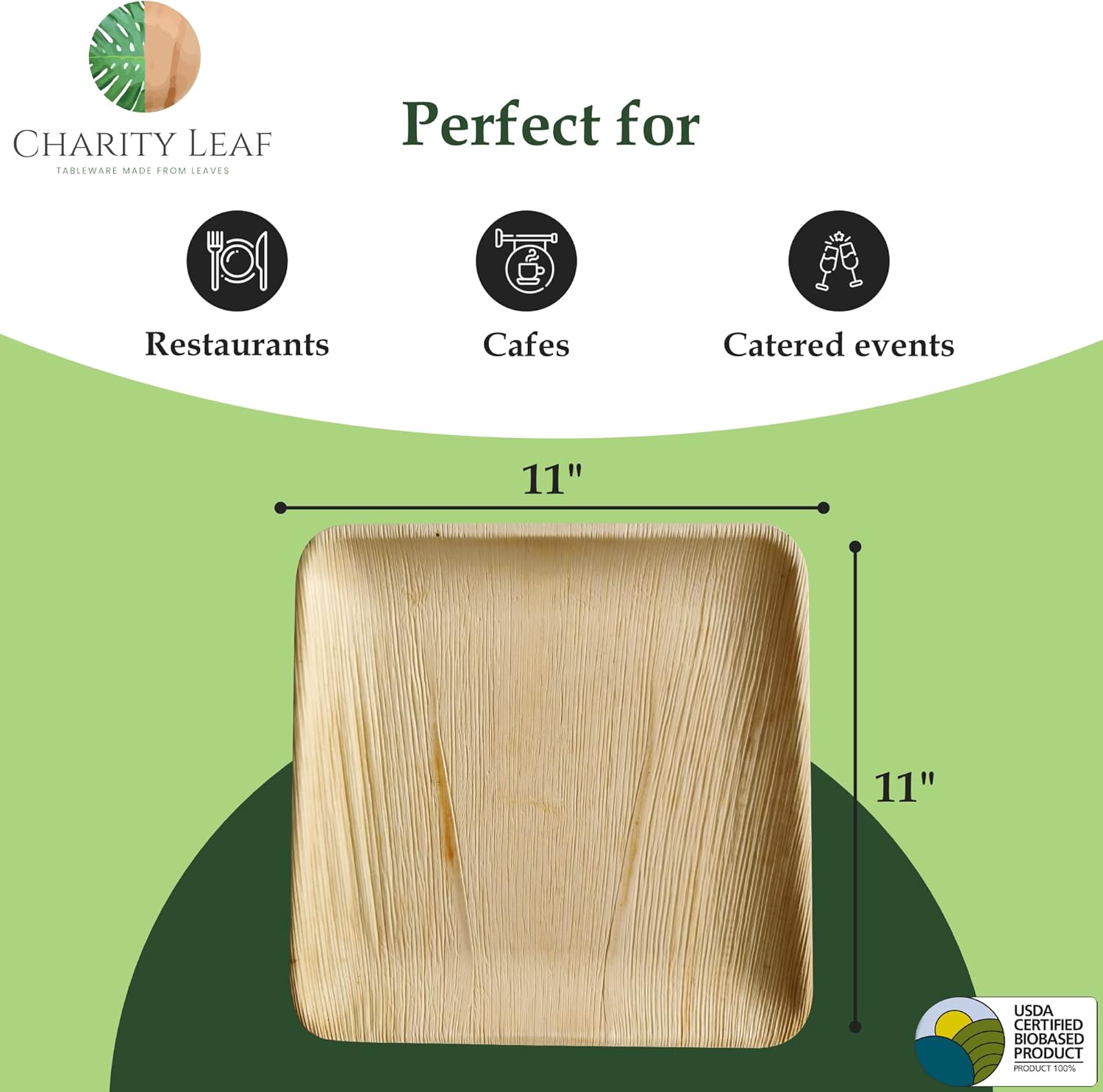 Charity Leaf Disposable Palm Leaf 11" Square Plates (200 pieces) Bamboo Like Serving Platters, Disposable Boards, Eco-Friendly Dinnerware For Weddings, Catering, Events