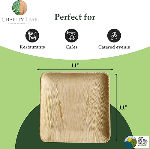 Miniatura 4 de Charity Leaf Platos cuadrados desechables de hoja de palma de 11 pulgadas (25 piezas) platos para servir como bambú, tableros desechables, vajilla