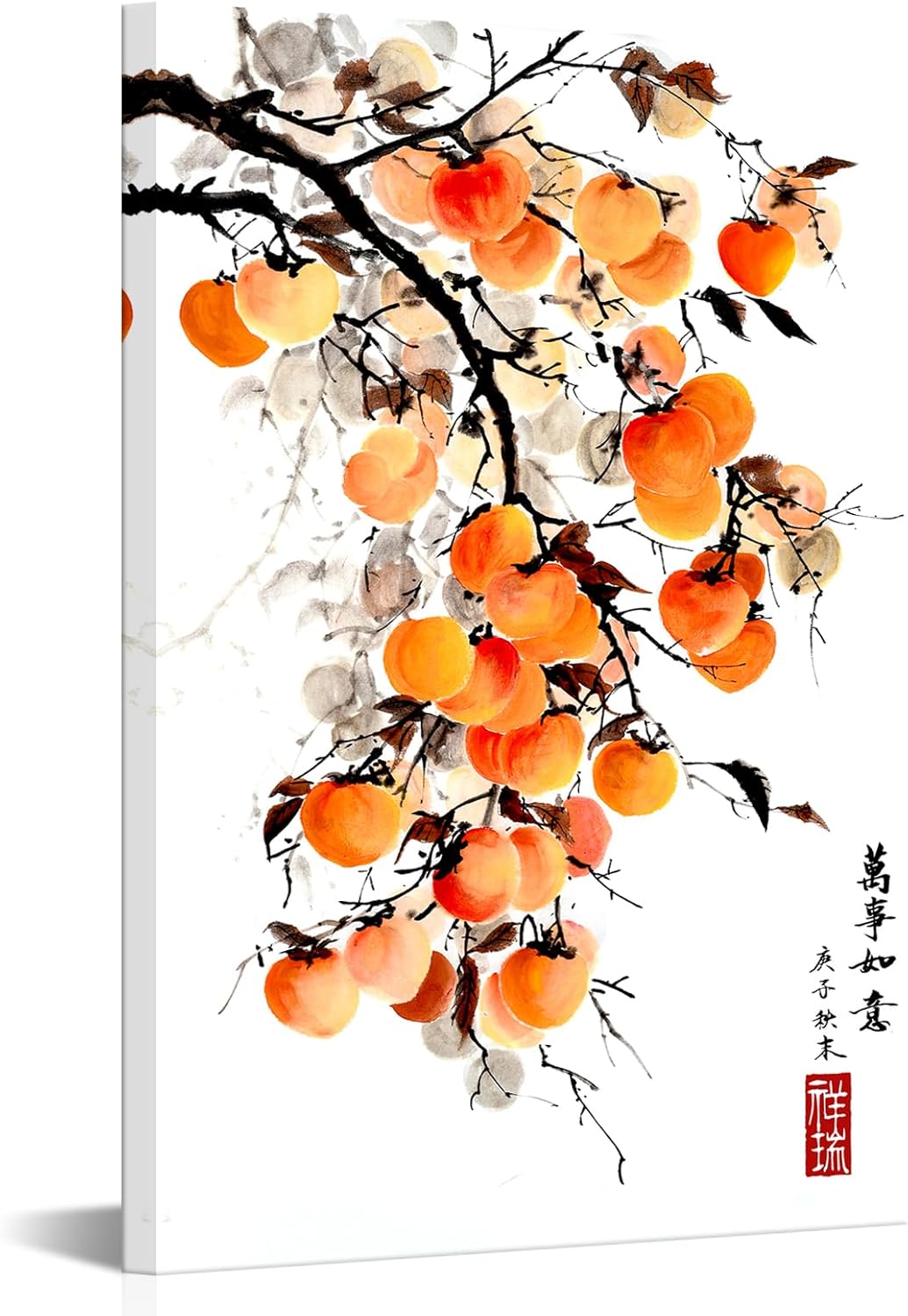 Canvbay Asian Wall Art Traditional Chinese Ink Style with 'May everything go as you wish' Quote Canvas Prints Persimmon on Branch Painting Pictures Oriental Poster Framed for Home Decor 24x36inch
