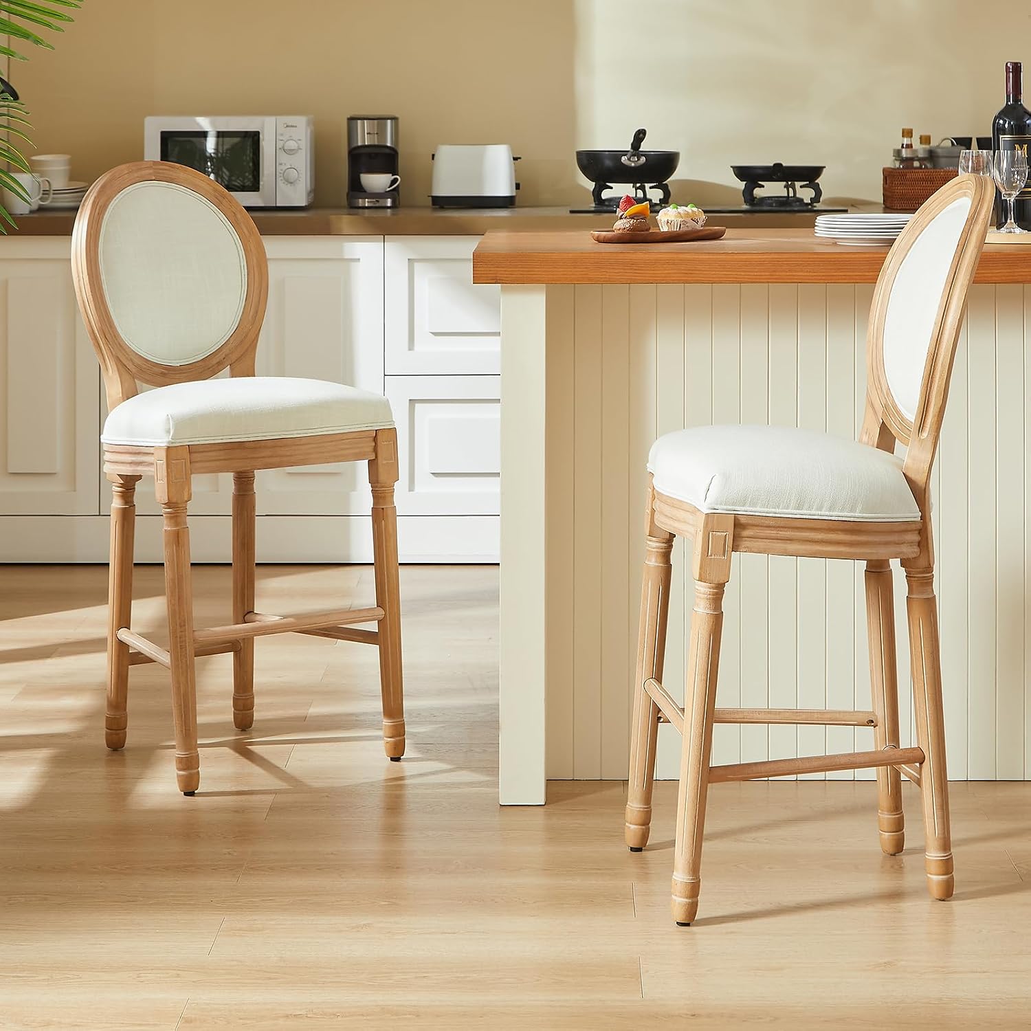 Virabit Counter Height Bar Stools Set of 2, French Country Bar Stool with Solid Wood Frame and Upholstered Seating, Vintage Bar Chair