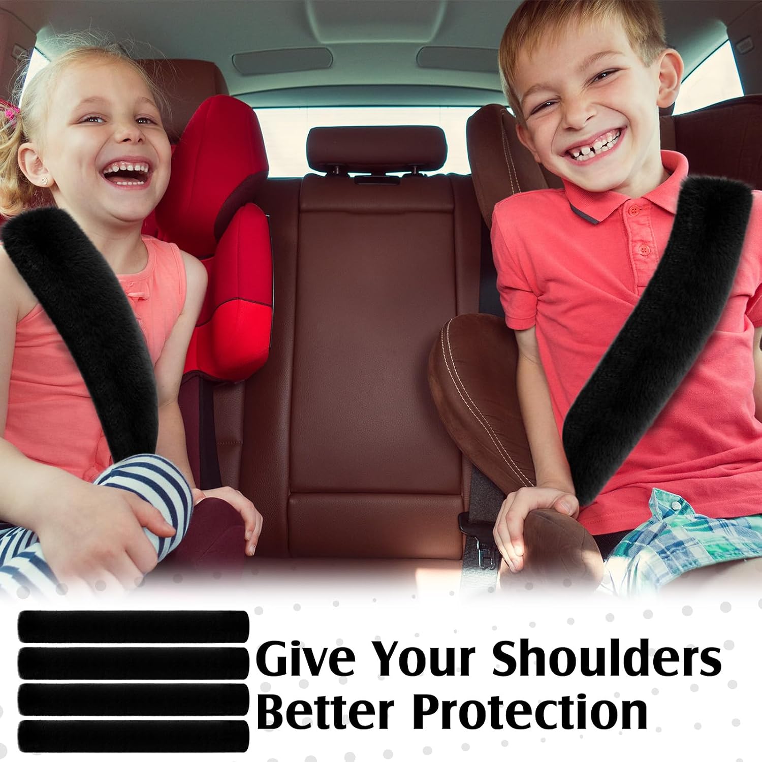 Boao 4 Pack Faux Sheepskin Car Seat Belt Pads Seatbelt Protector Soft Seat Belt Shoulder Strap Cover Comfort Harness Pad(Black, 25.5 Inch)