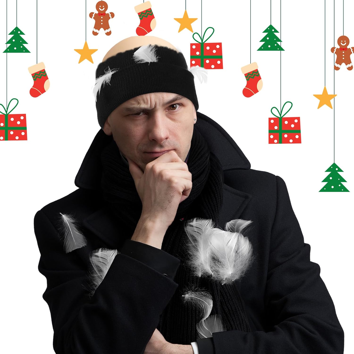 Mepase 6 Pcs Christmas Funny Movie Costume Include Beanie Hat Scarf Skin Headgear Gold Fake Teeth with White Feathers Bulk for Christmas Holiday Halloween Cosplay Party