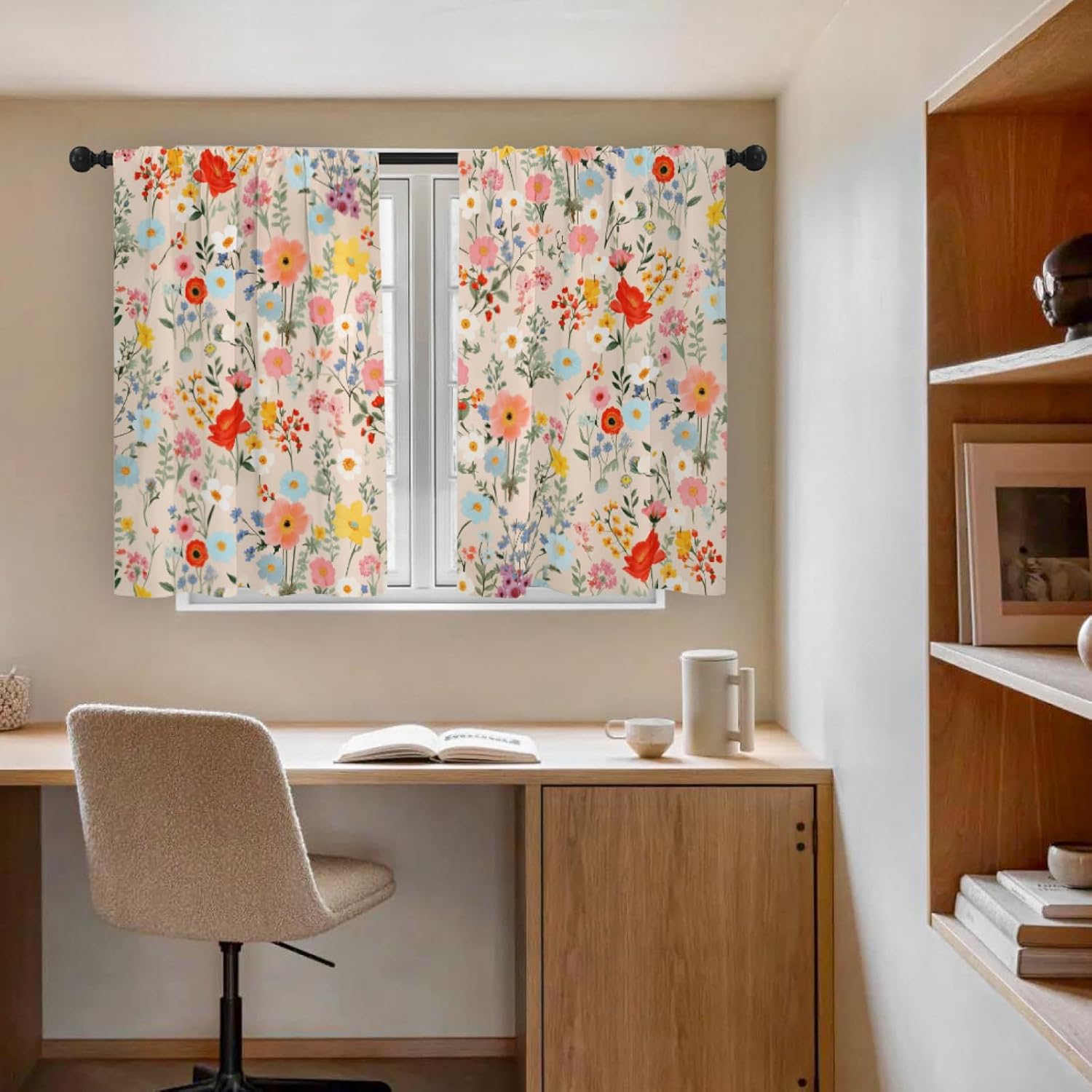 Kitchen Curtains (2 Pcs) Over Sink Cafe Basement Cortinas para Cocina Farmhouse Short Mini Curtain for Bathroom Window Spring Summer Elegant Country Rustic Modern Cute, 26×45", Yellow Floral
