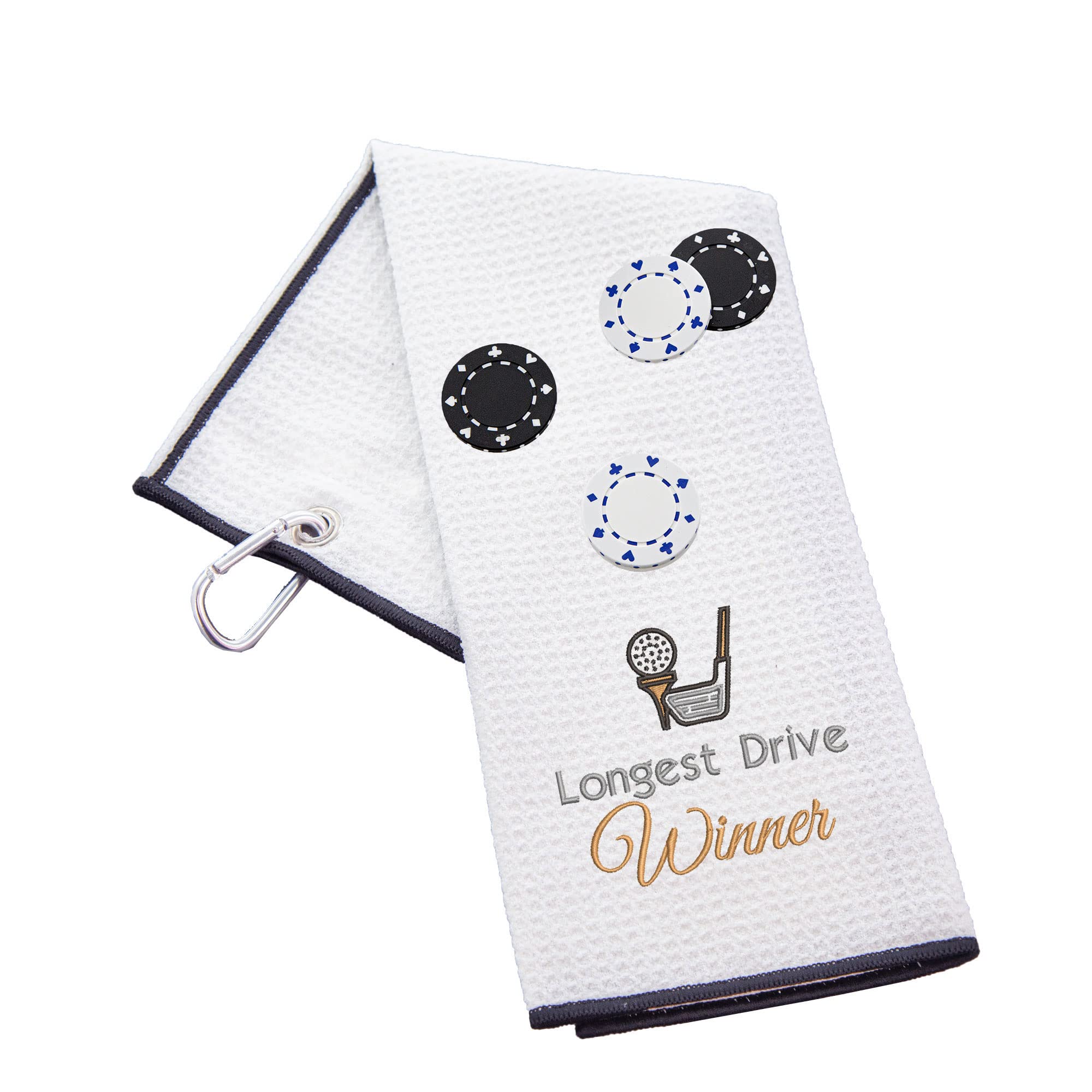 Funny Trifold Golf Towel and Poker Chip Marker Set Gift for Men, Carabiner Clip for Golf Bags, Longest Drive, Waffle White